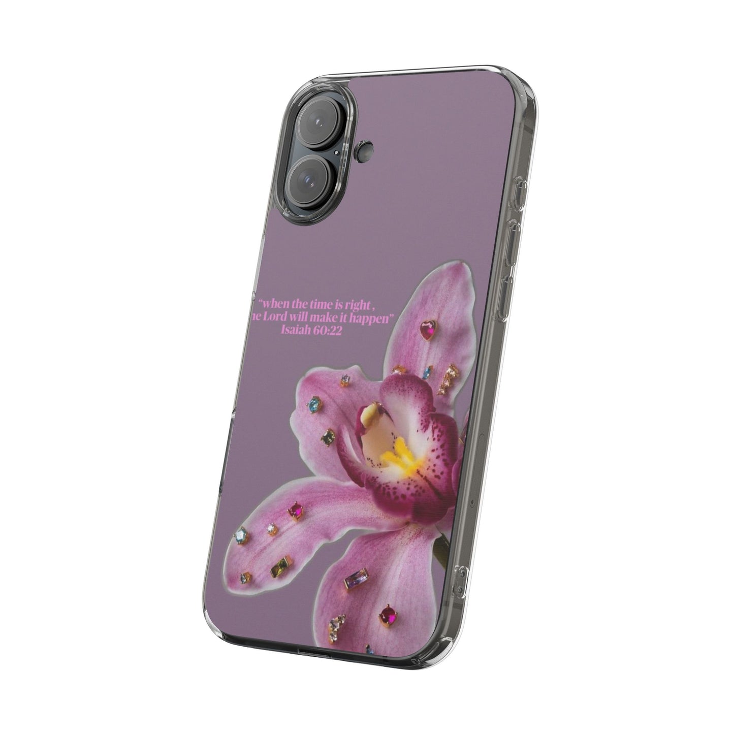Clear Floral Impact-Resistant Phone Case — "When the time is right" Rose Orchid Design