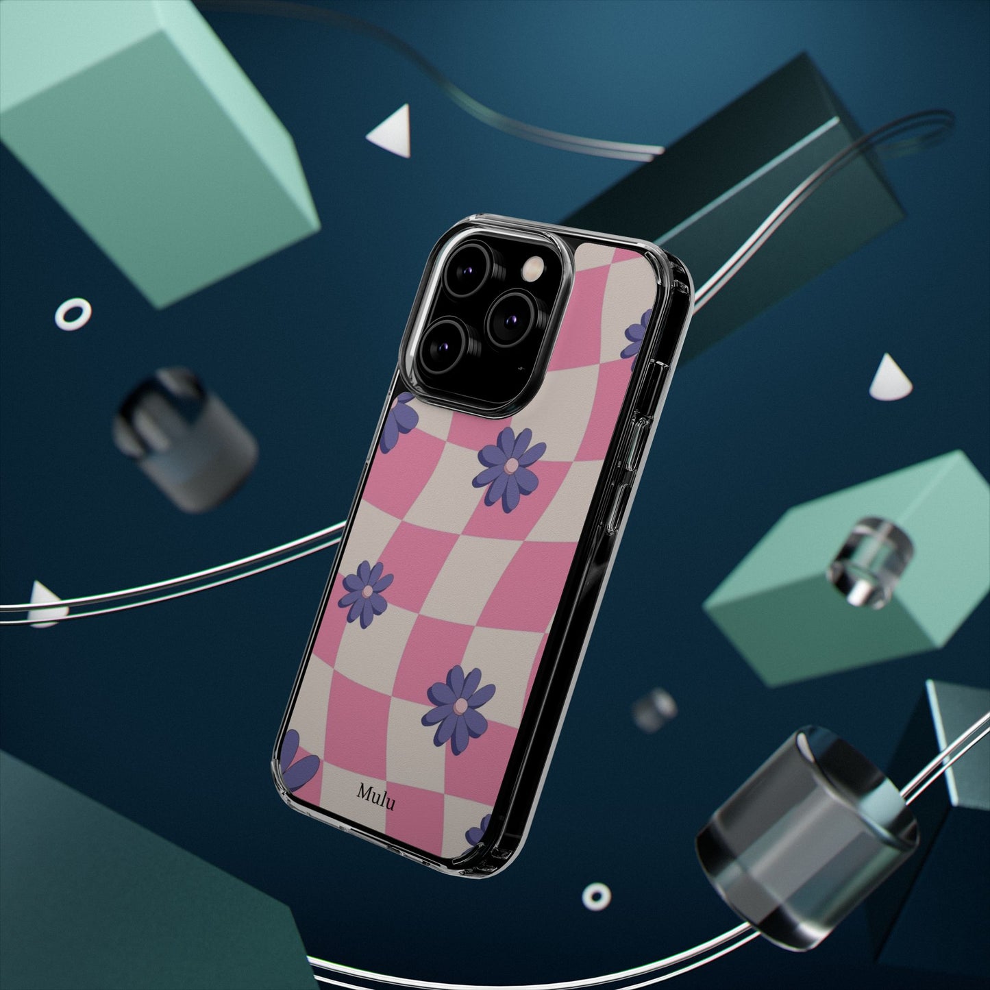 Clear Impact Phone Case — Pink Checkerboard with Purple Flowers