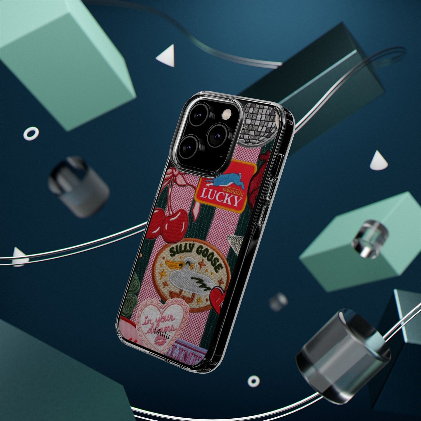 Clear Impact-Resistant Phone Case — Retro Patchwork Stickers (Lucky, Cherries, Silly Goose)