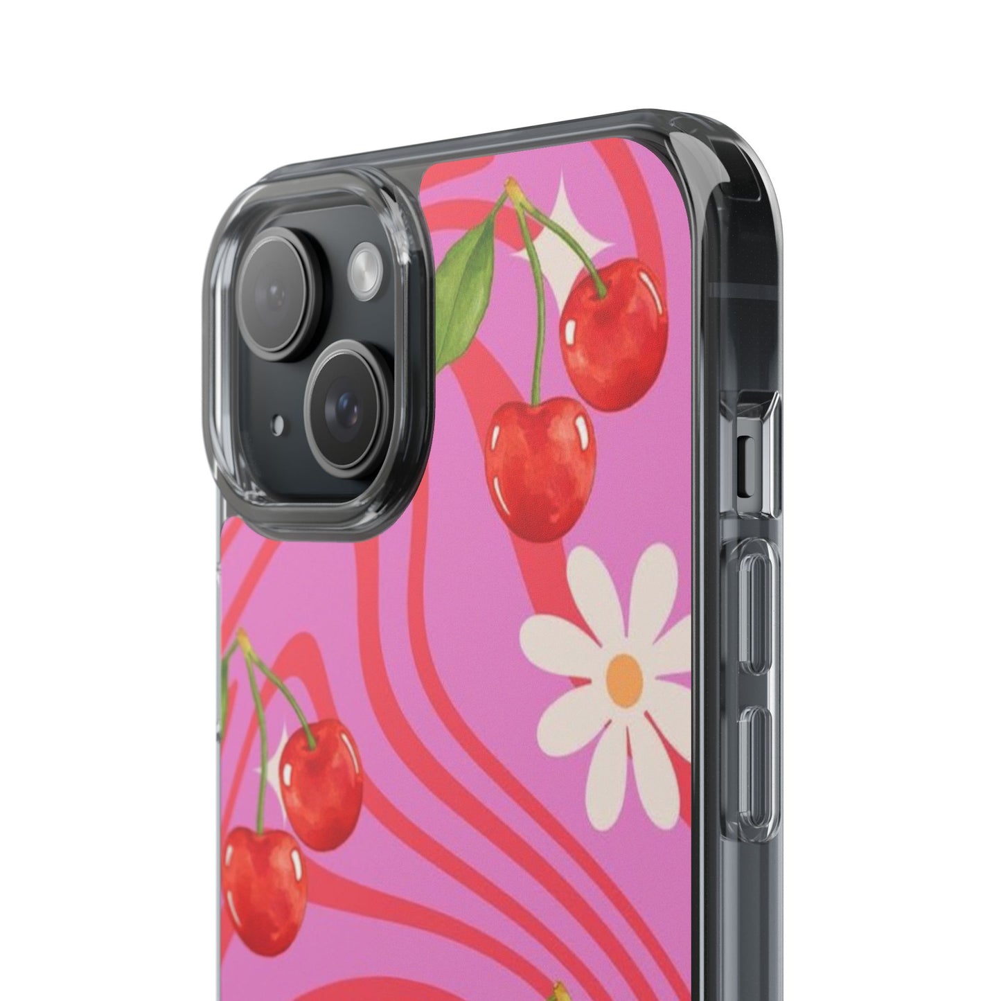Clear Impact Phone Case — Retro Cherry & Daisy Floral Design