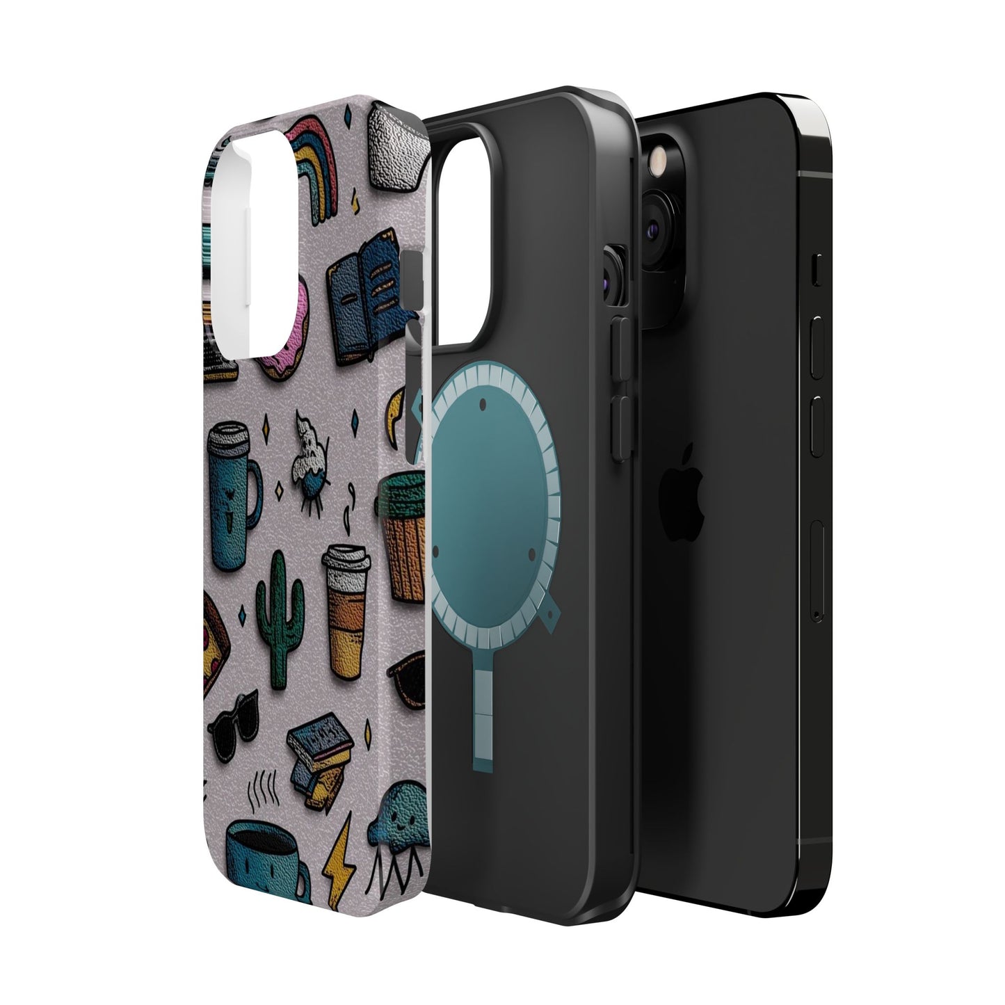 Cute Doodle Phone Case — Magnetic Impact-Resistant Design (coffee, rainbow, cactus)