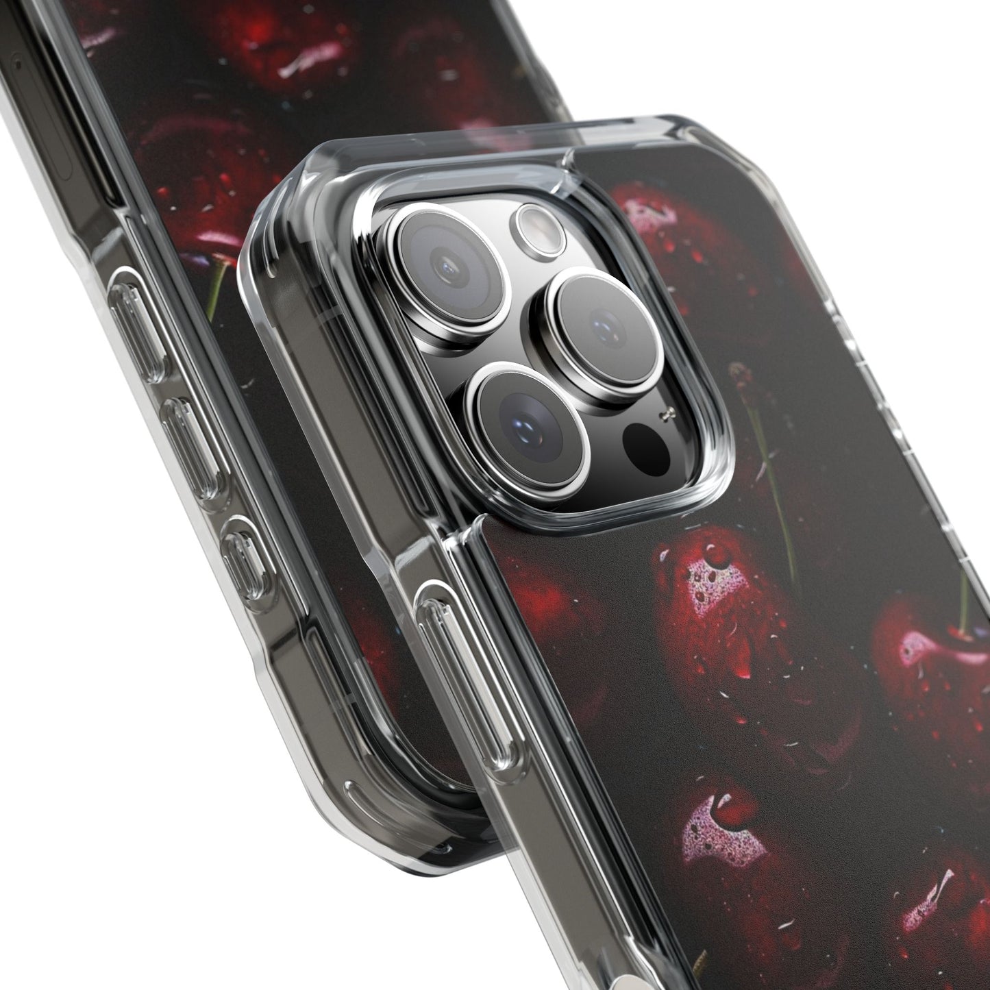 Cherry Pattern Clear Magnetic Phone Case — Dark Red Fruit Design