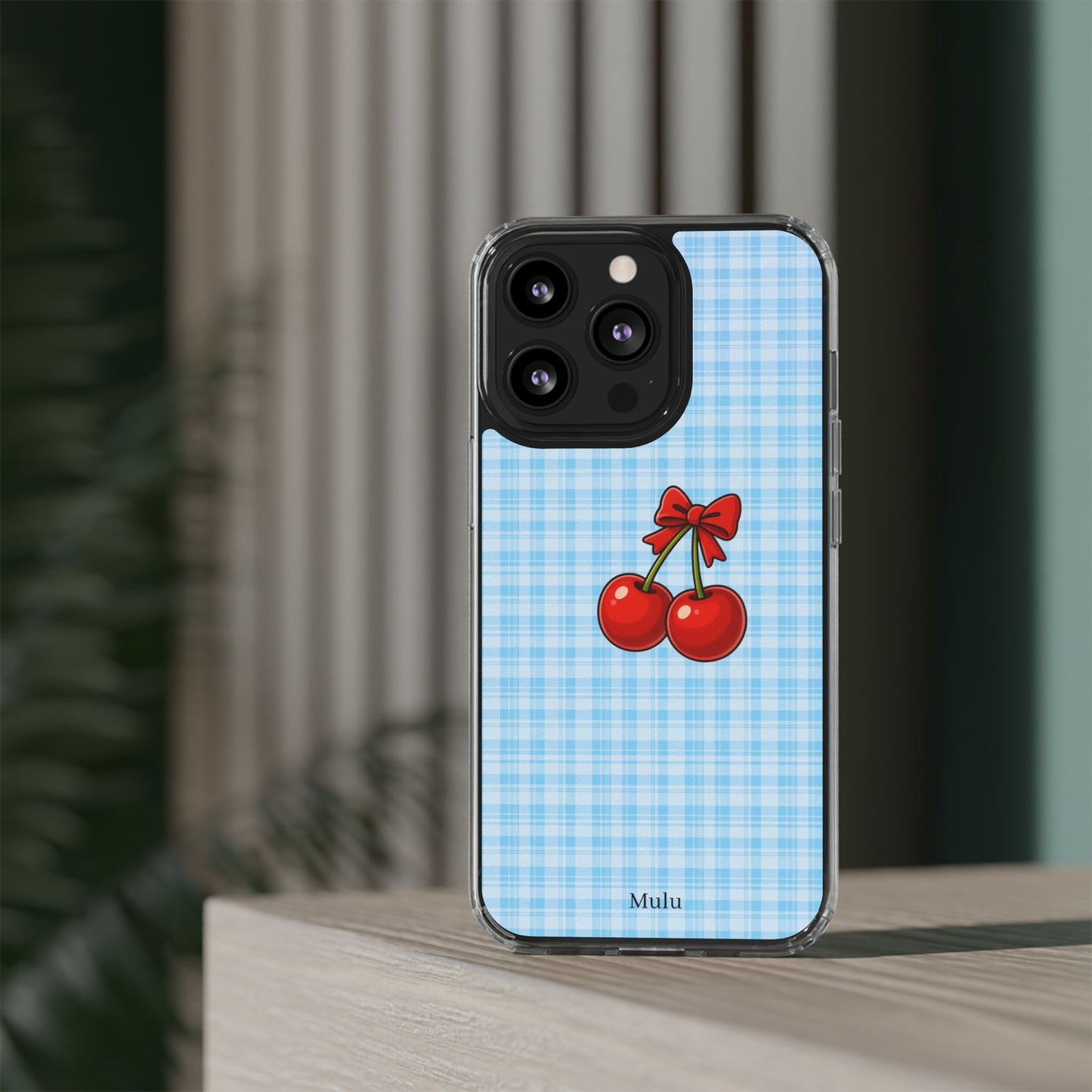 Clear Cherry Gingham Phone Case — Impact-Resistant Clear Case with Red Cherry Design