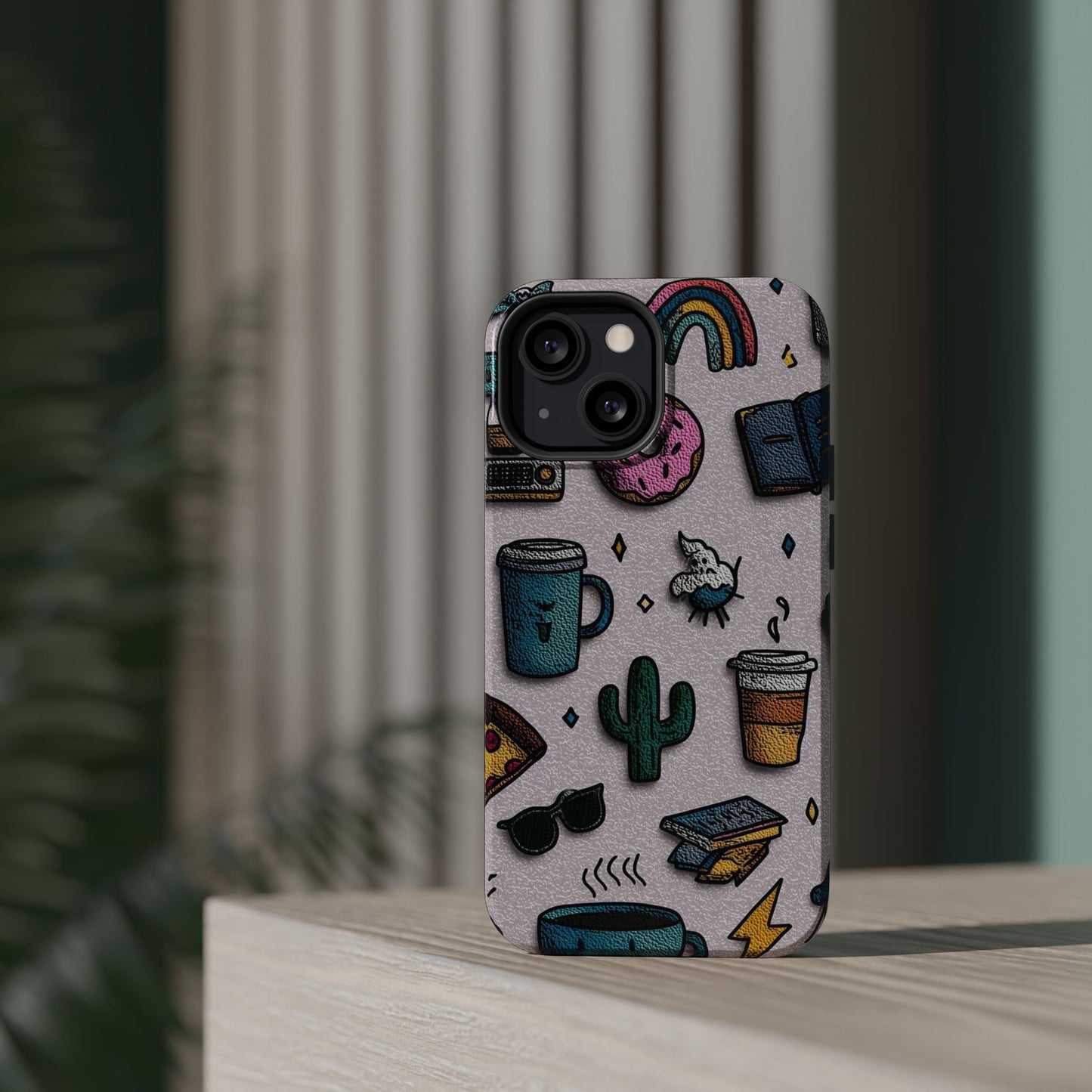 Cute Doodle Phone Case — Magnetic Impact-Resistant Design (coffee, rainbow, cactus)