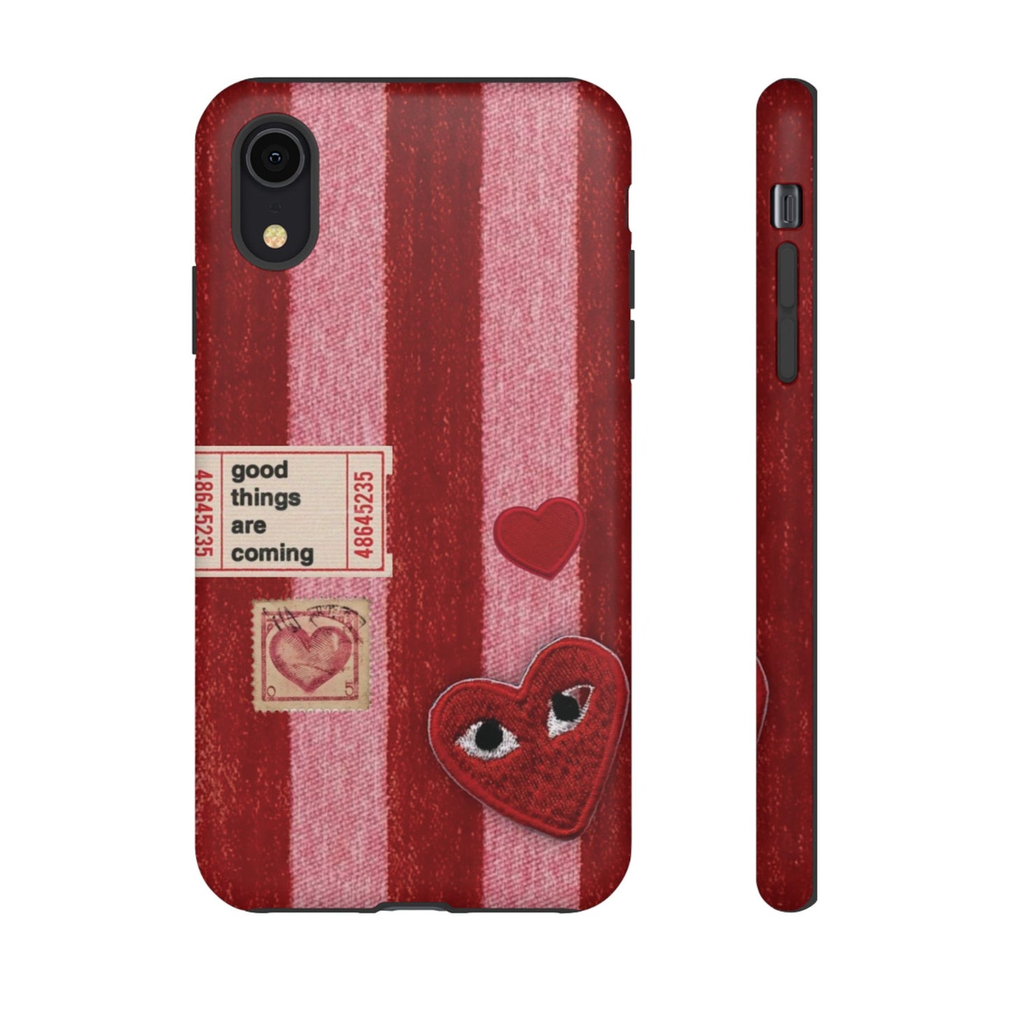Phone Case — Red Striped Heart Design with “Good Things Are Coming”