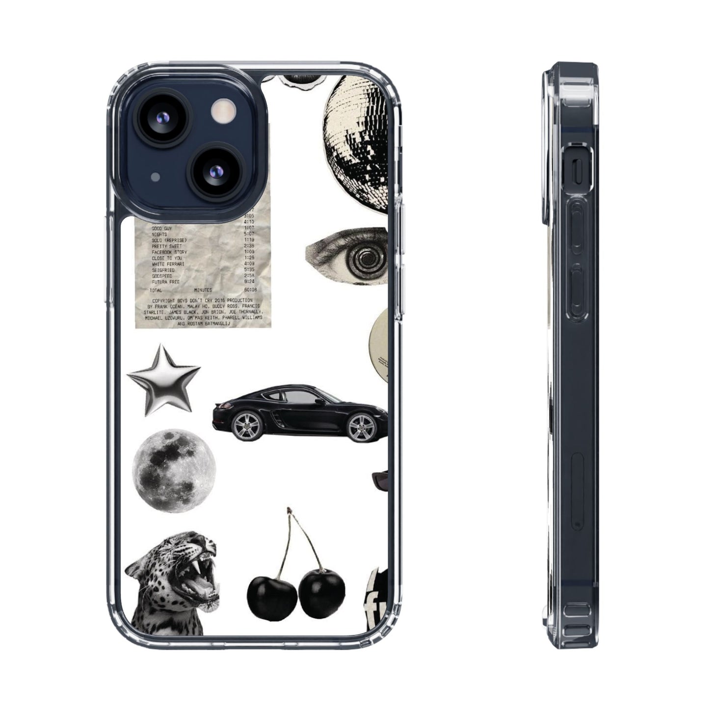 Clear Phone Case — Vintage Collage Stickers (Moon, Eye, Car, Cherries)