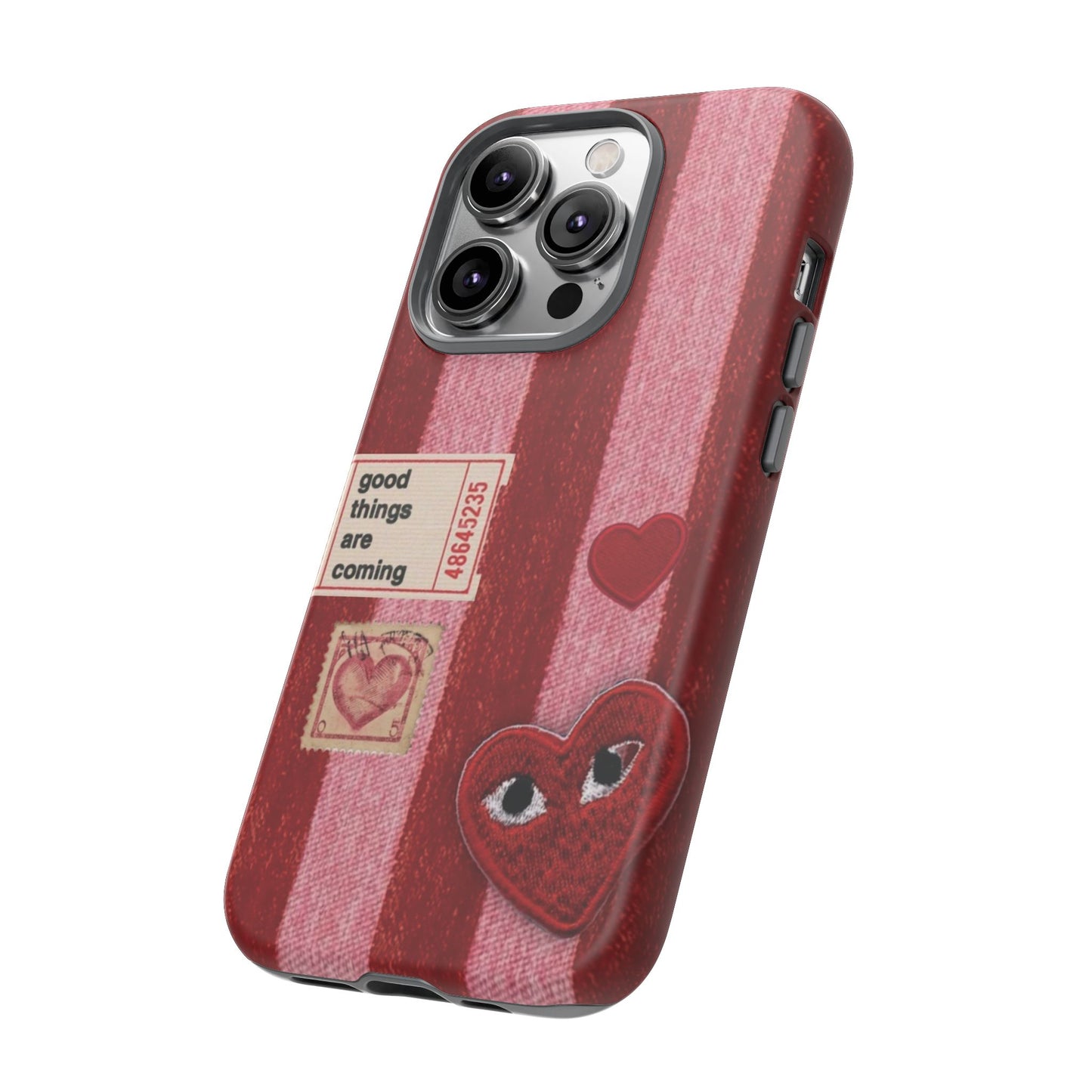 Phone Case — Red Striped Heart Design with “Good Things Are Coming”