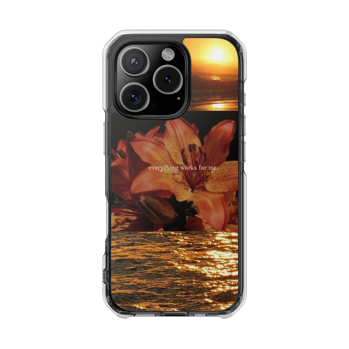 Clear Magnetic Phone Case — Sunset Lily Design ("anything waits for you")