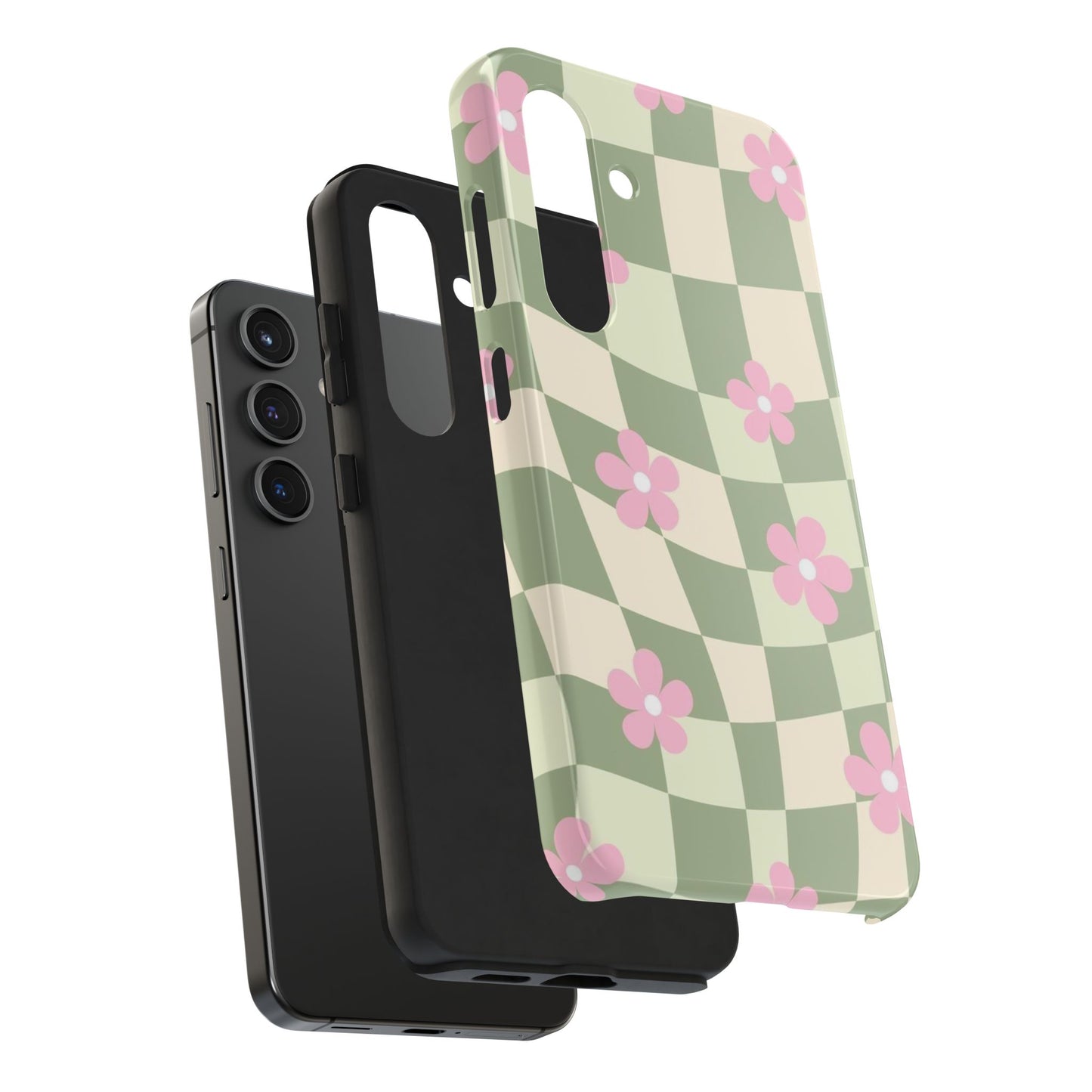 Tough Phone Case — Retro Green Checkerboard with Pink Flowers