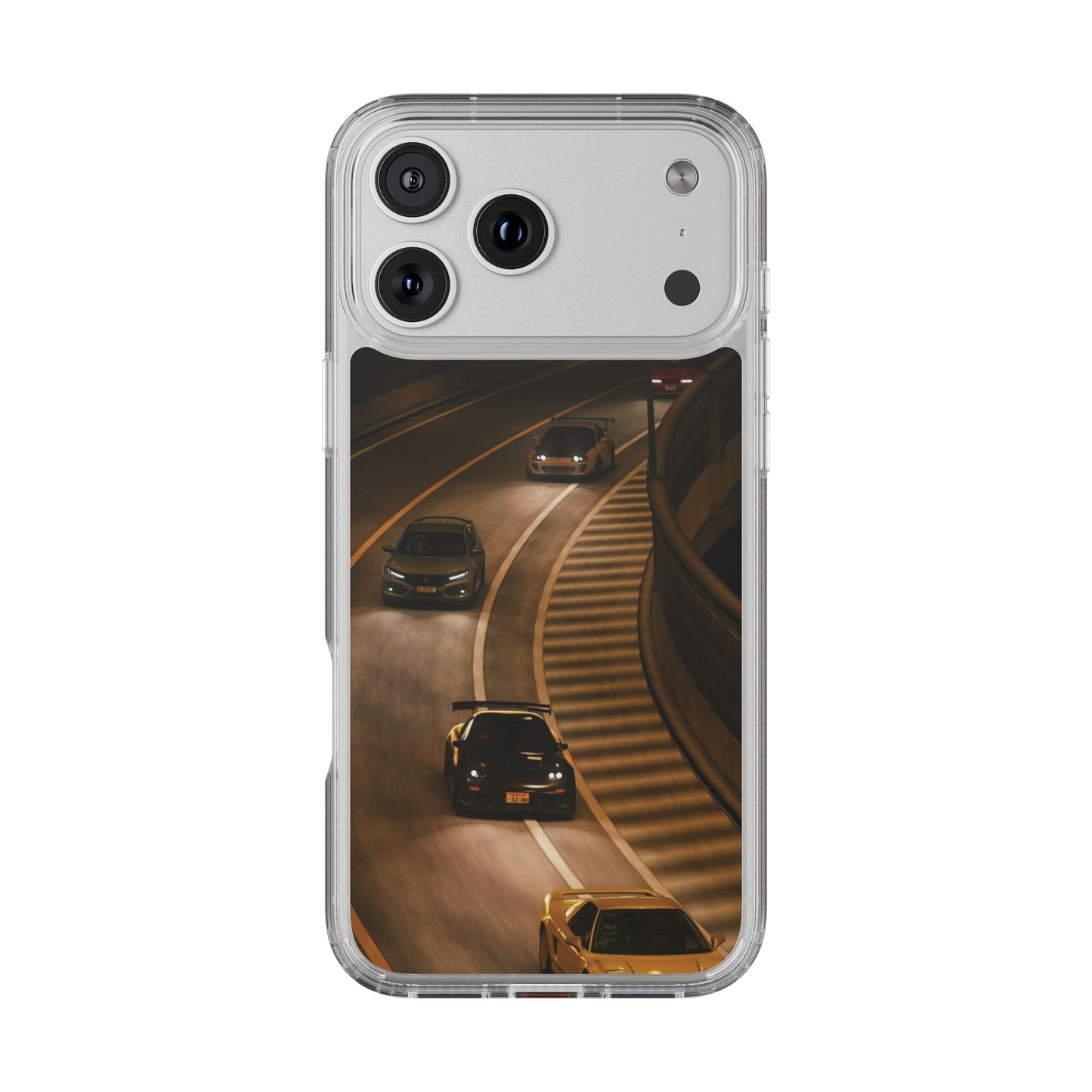 Racing Night Clear Phone Case – Sports Cars on Curved Highway