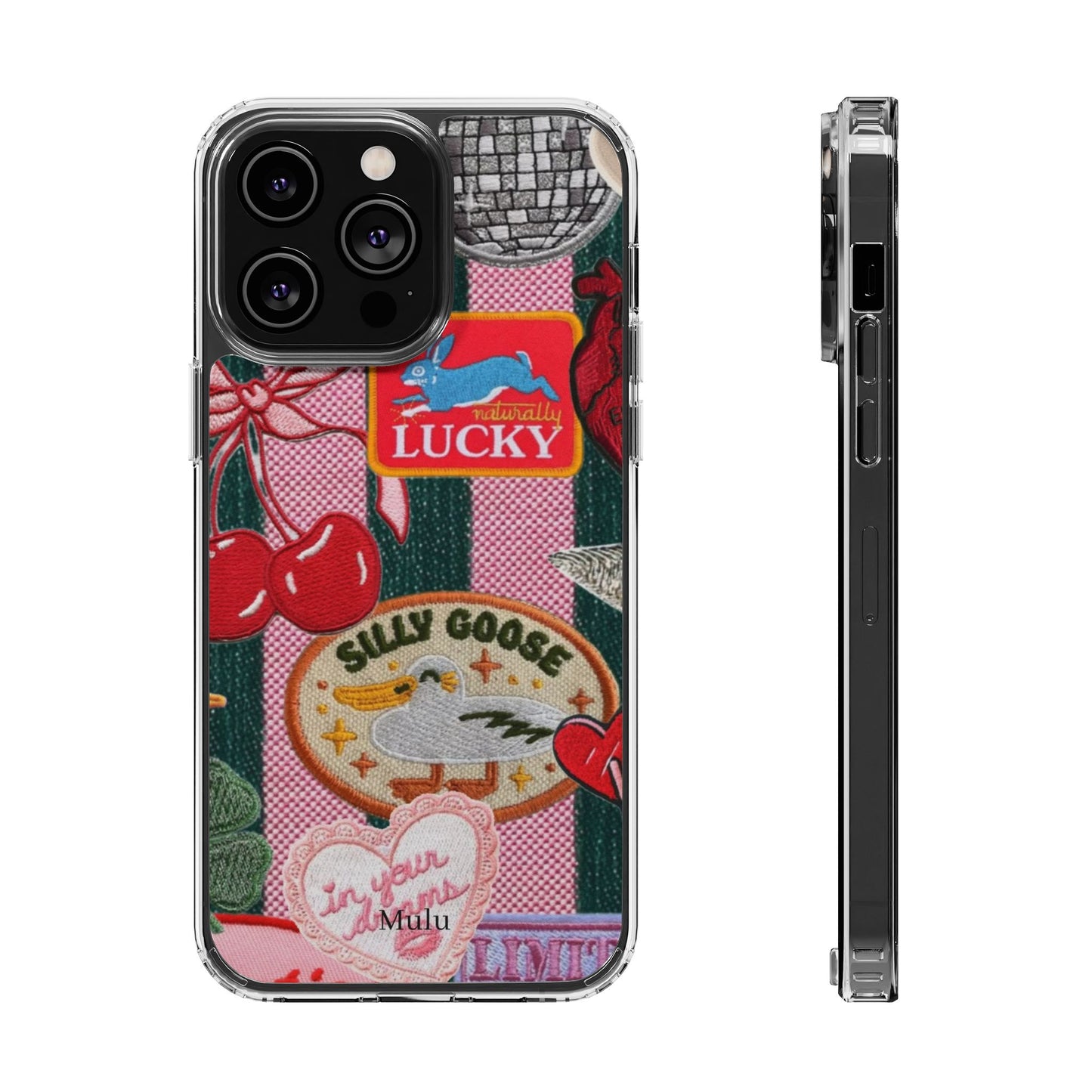 Clear Impact-Resistant Phone Case — Retro Patchwork Stickers (Lucky, Cherries, Silly Goose)