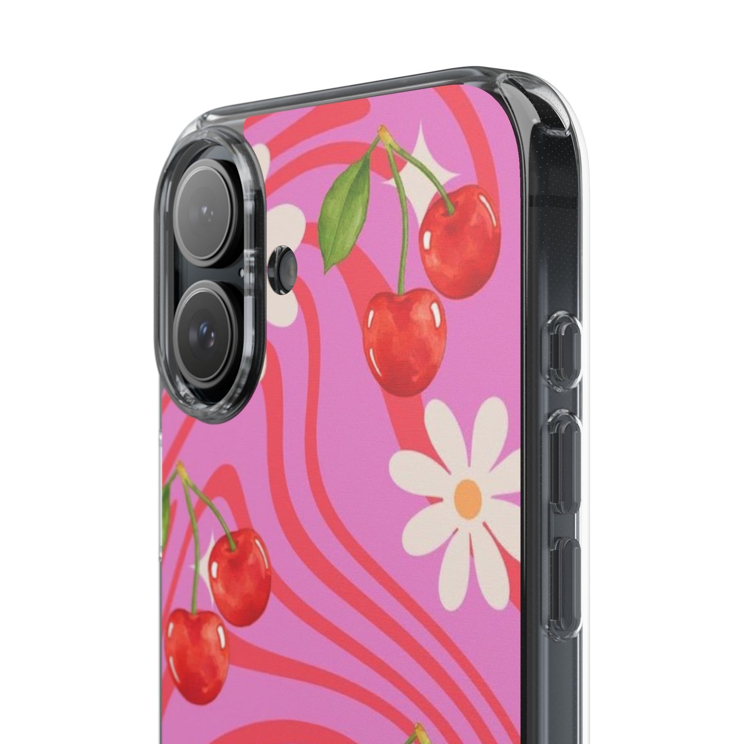Clear Impact Phone Case — Retro Cherry & Daisy Floral Design