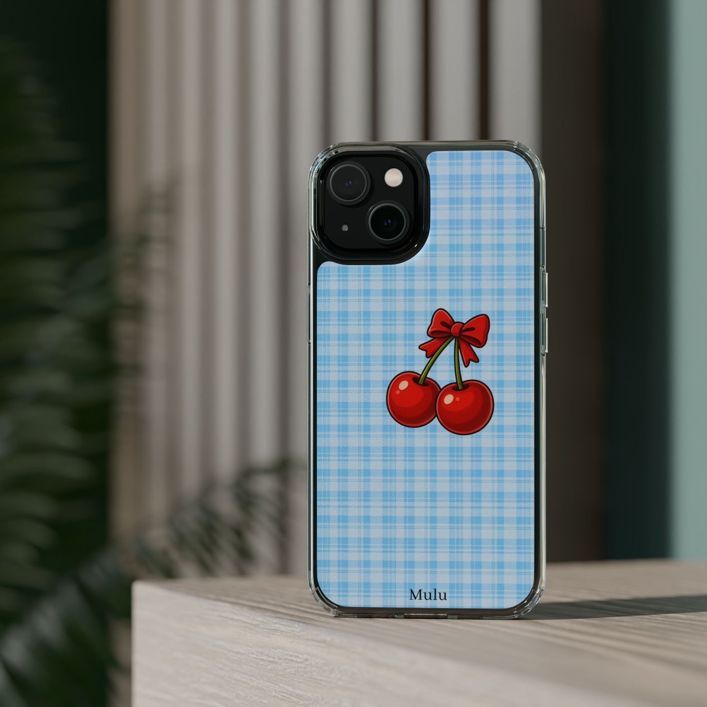 Clear Cherry Gingham Phone Case — Impact-Resistant Clear Case with Red Cherry Design
