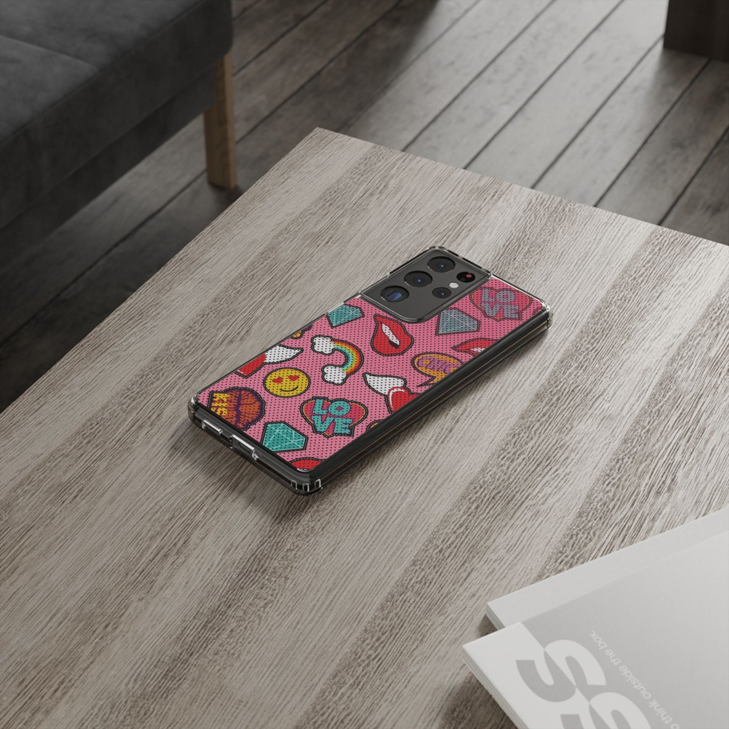 Clear Impact-Resistant Phone Case — Pink Pop Sticker Pattern (Hearts, Rainbows, Smileys)