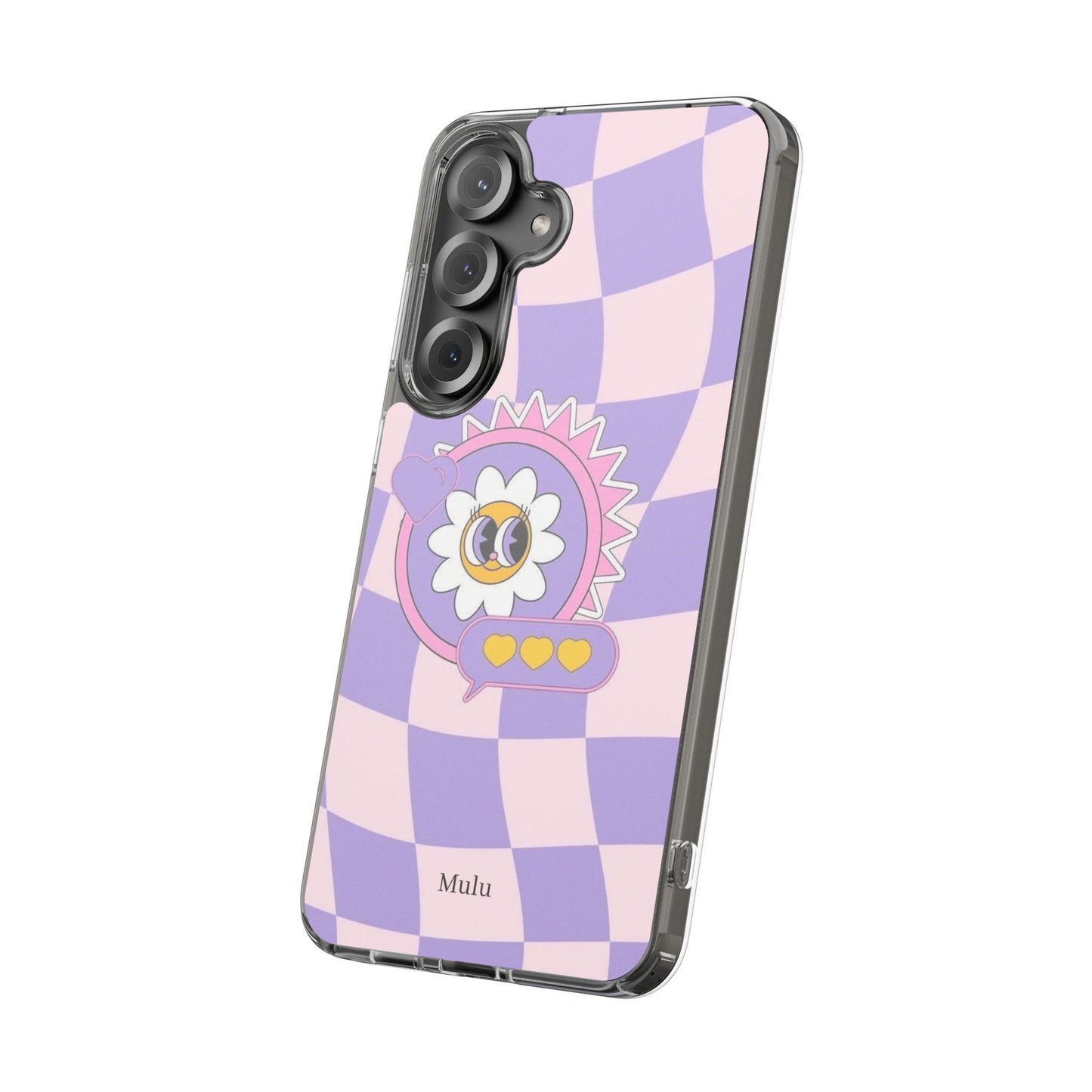 Clear Impact-Resistant Case — Cute Purple Checkerboard Dino with 'Mulu'