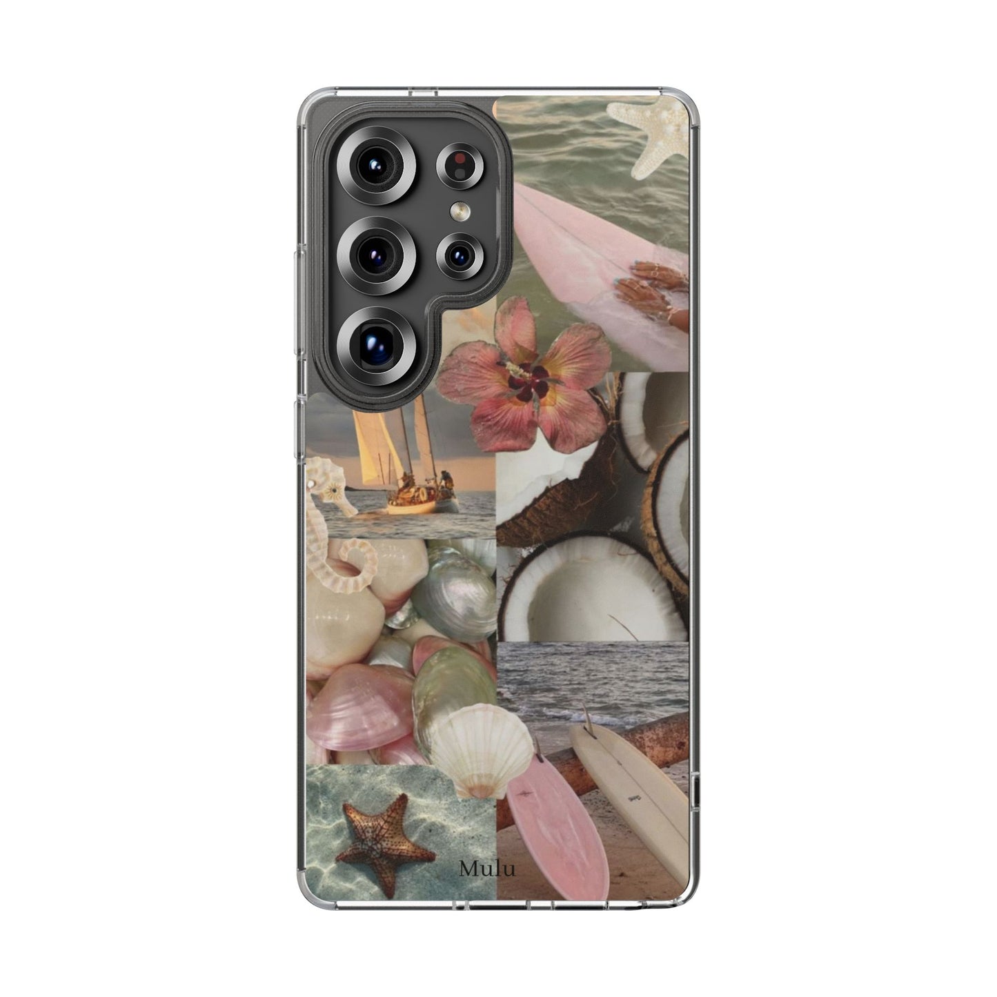Clear Phone Case — Coastal Collage Shells & Surf Design