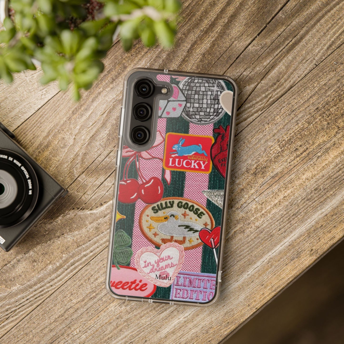 Clear Impact-Resistant Phone Case — Retro Patchwork Stickers (Lucky, Cherries, Silly Goose)