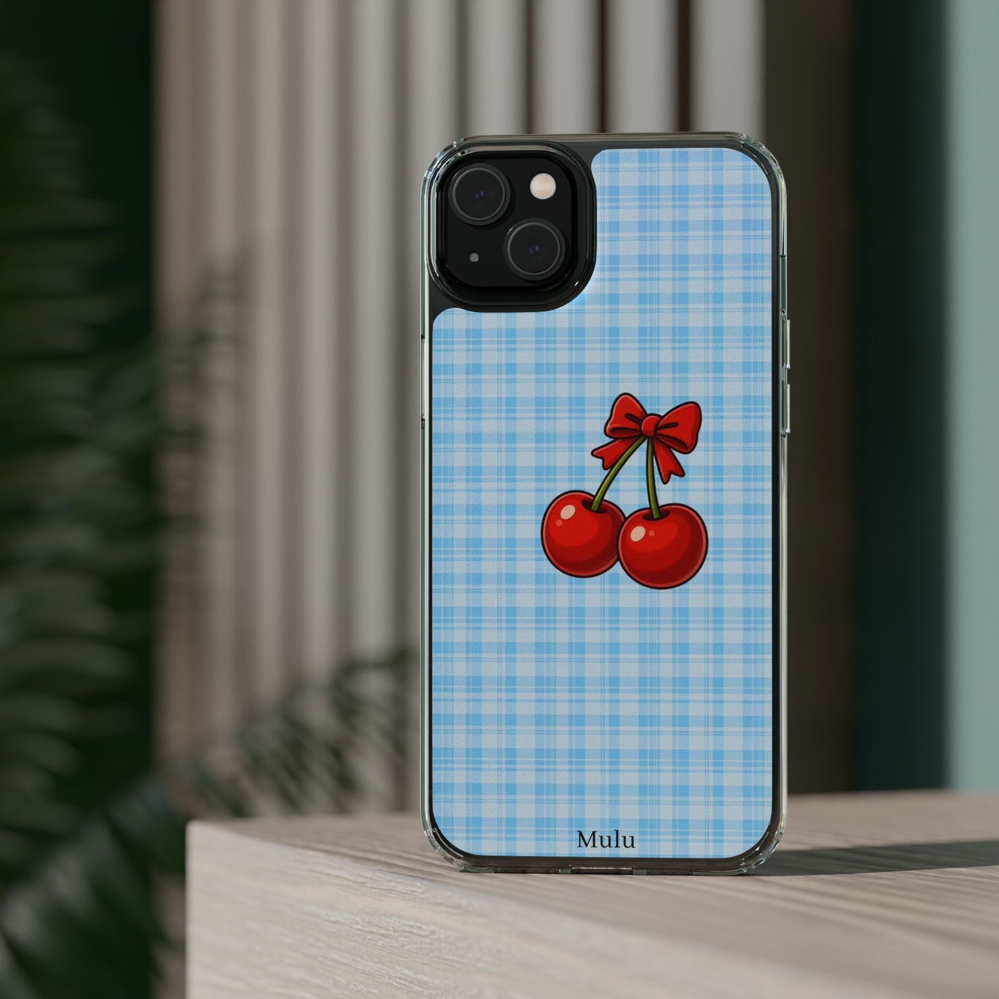 Clear Cherry Gingham Phone Case — Impact-Resistant Clear Case with Red Cherry Design
