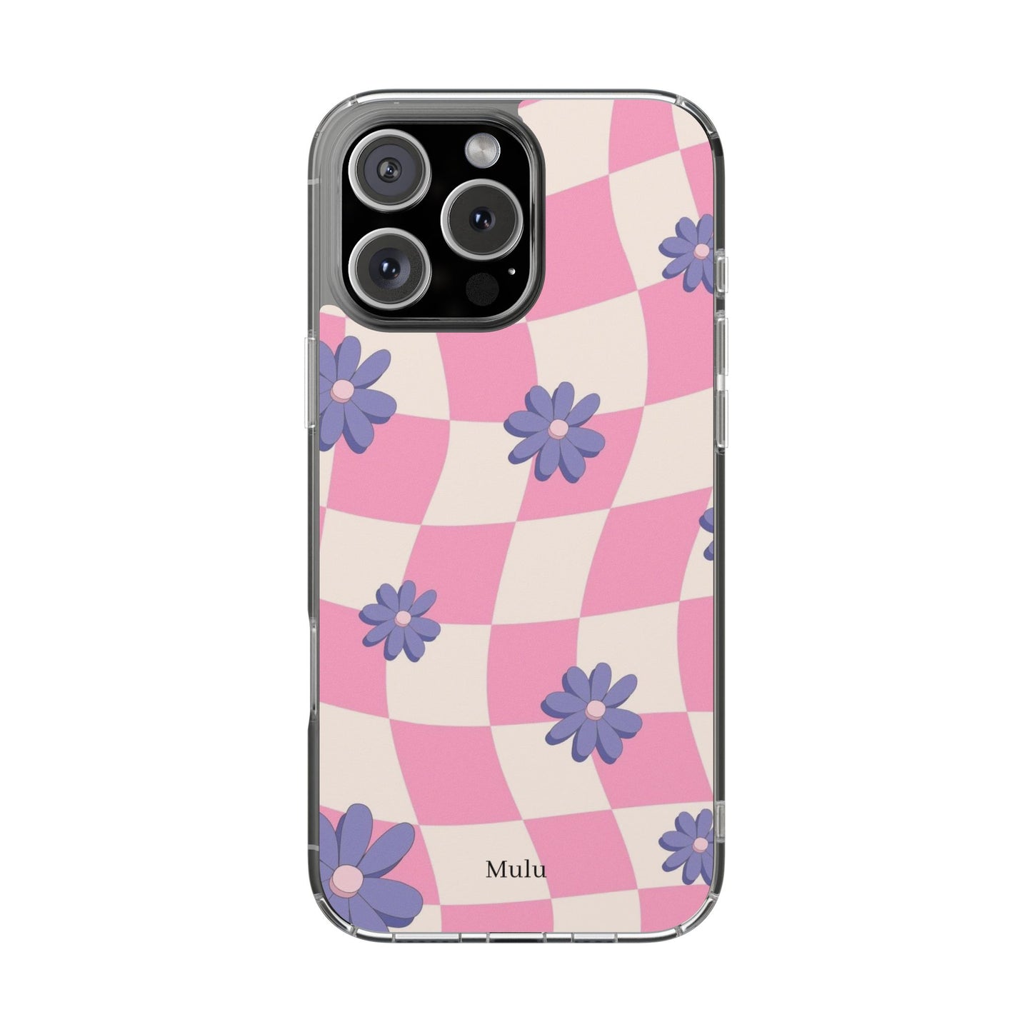 Clear Impact Phone Case — Pink Checkerboard with Purple Flowers