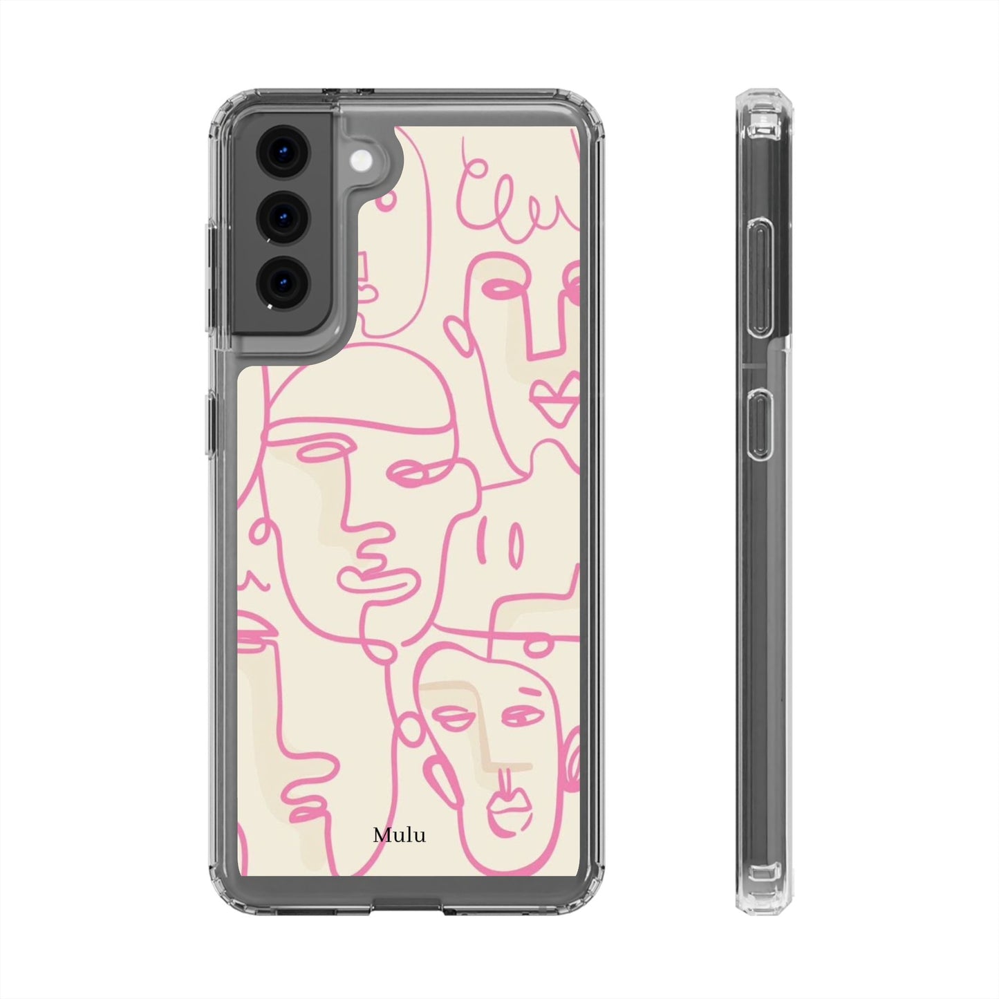 Clear Impact-Resistant Phone Case — Pink Minimalist Line Faces Design