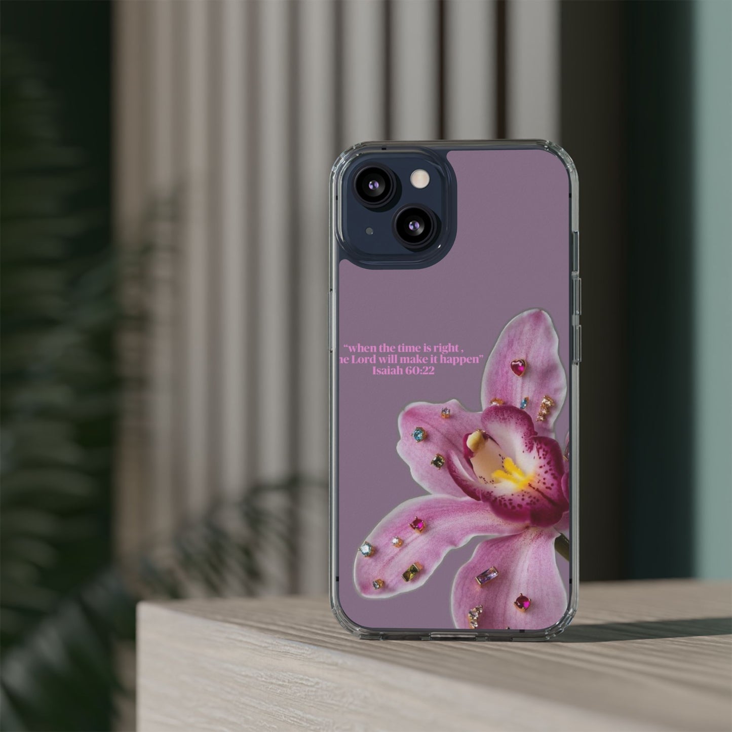 Clear Floral Impact-Resistant Phone Case — "When the time is right" Rose Orchid Design