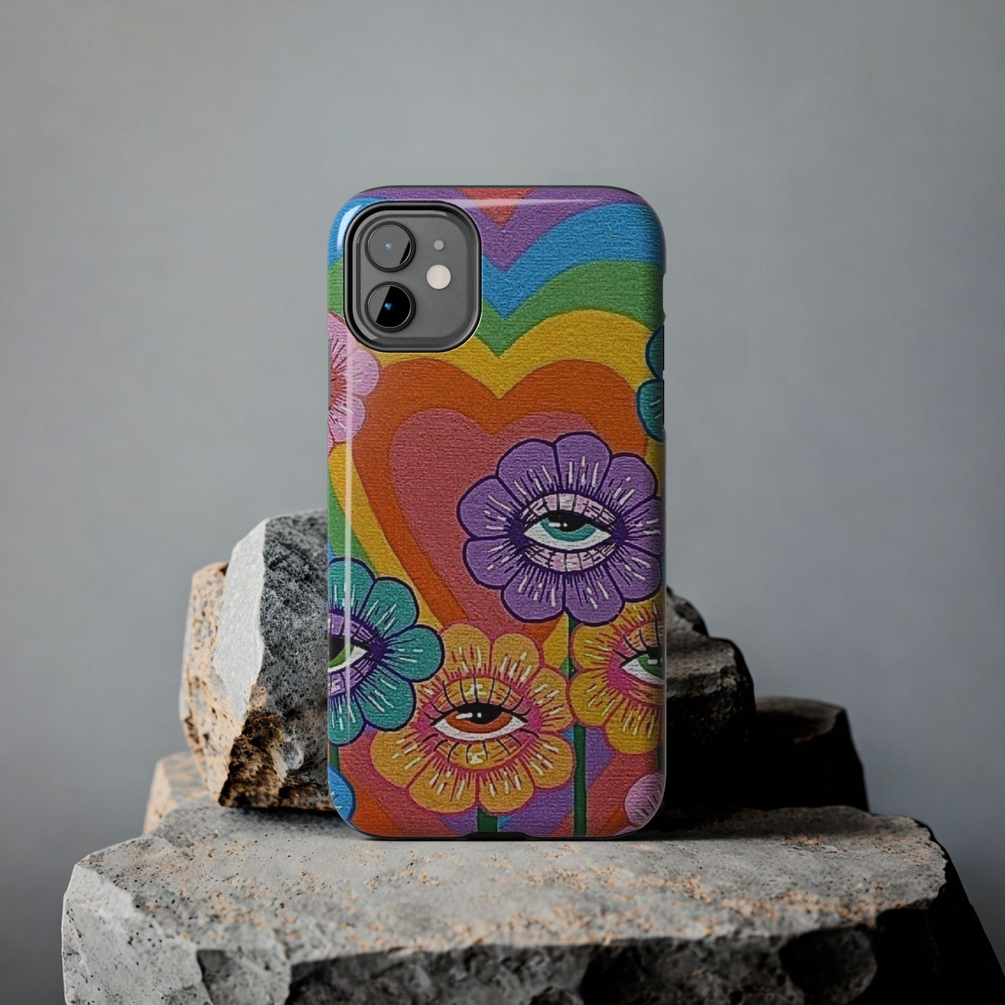 Psychedelic Eye Flower Tough Phone Case — Retro Rainbow Protective iPhone Cover