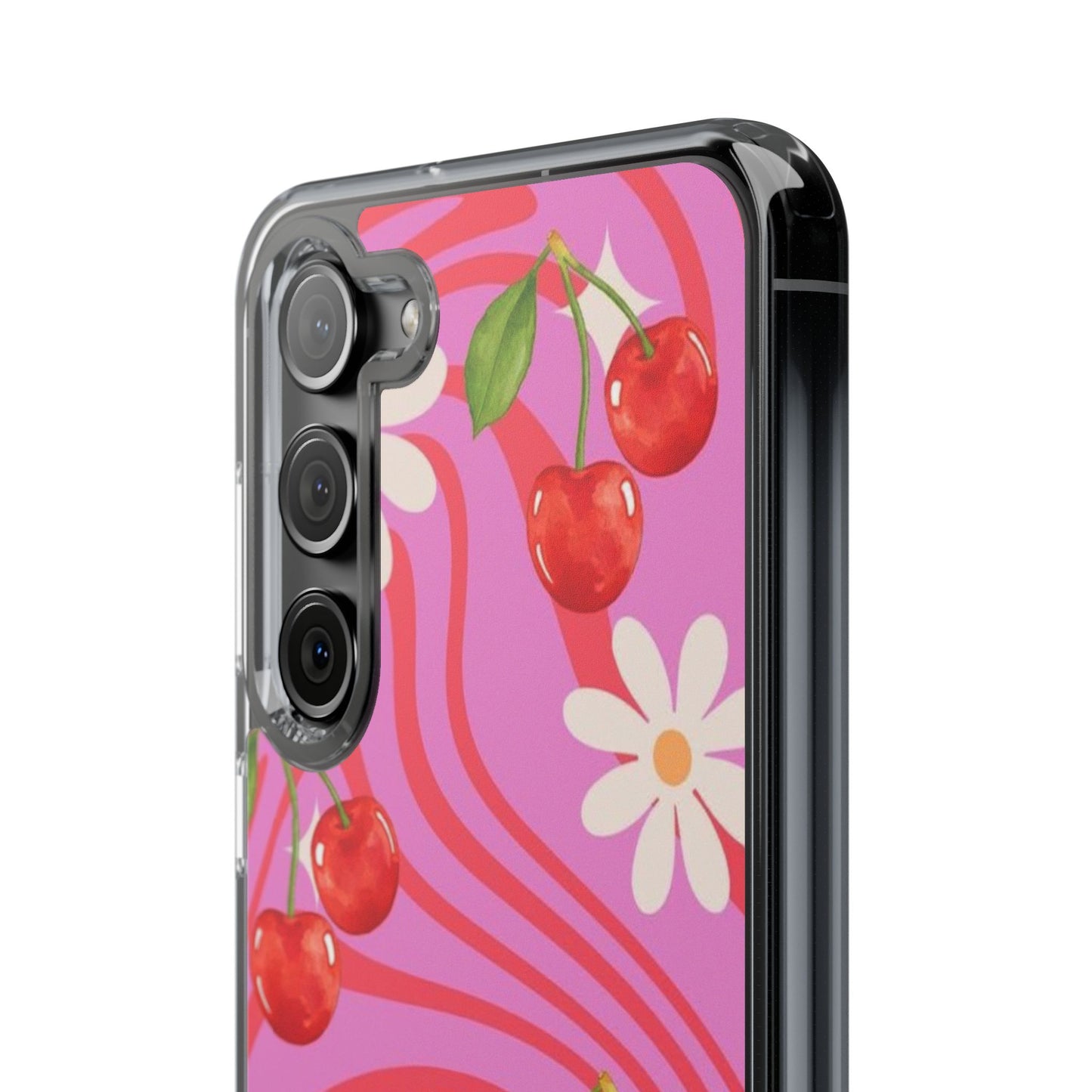 Clear Impact Phone Case — Retro Cherry & Daisy Floral Design