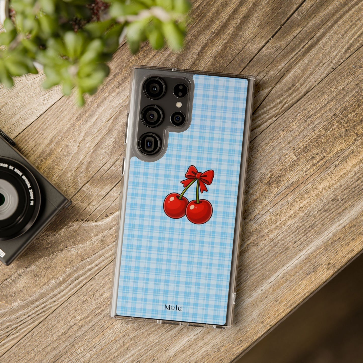 Clear Cherry Gingham Phone Case — Impact-Resistant Clear Case with Red Cherry Design