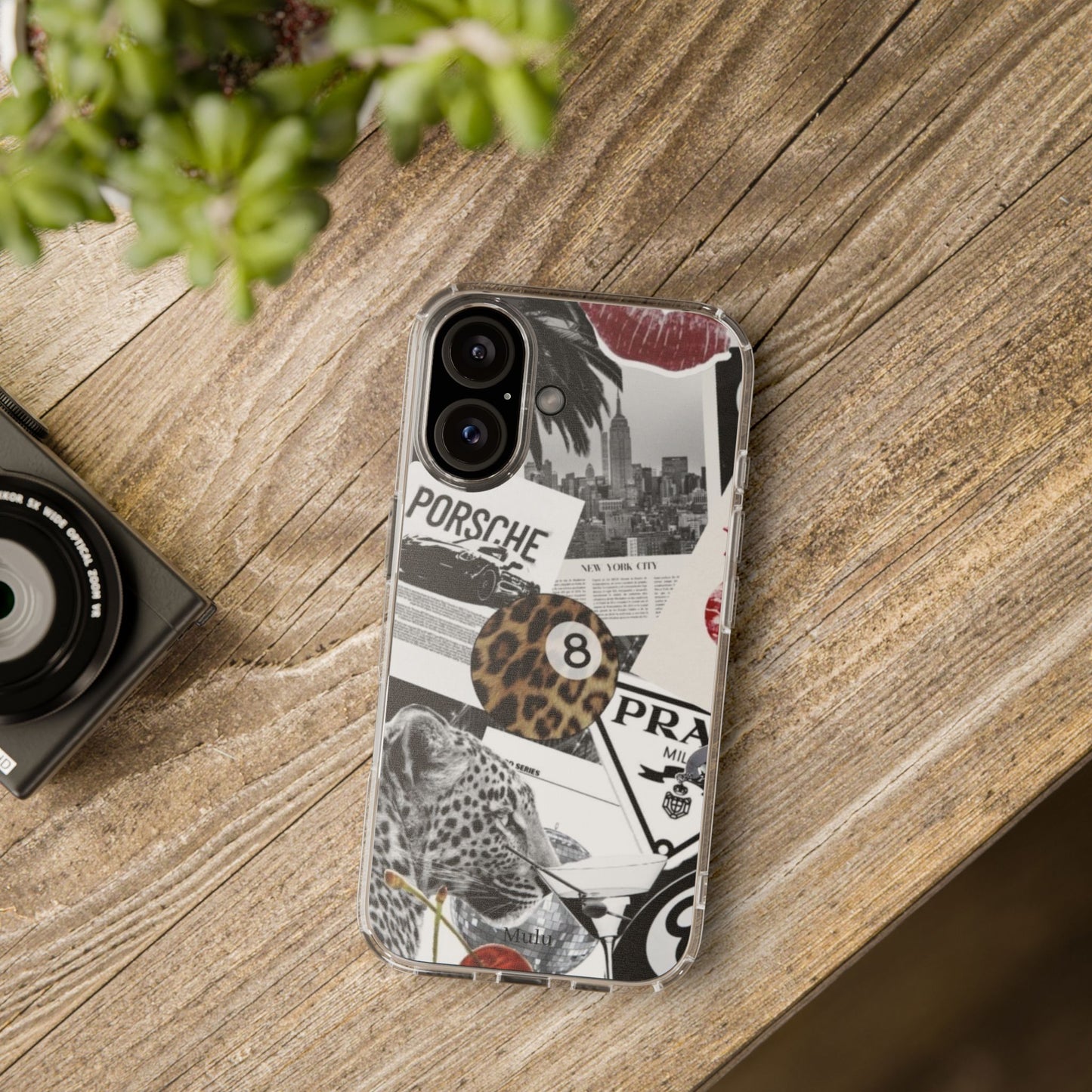 Clear Impact-Resistant Phone Case — Collage Luxury Leopard & Vintage Car Design