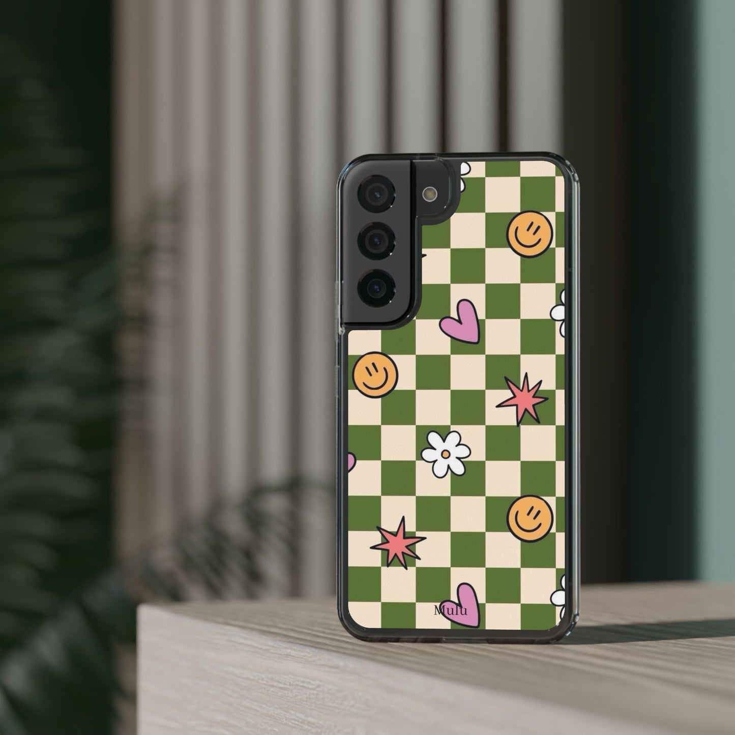 Clear Impact-Resistant Case — Retro Green Checkerboard with Smiley, Hearts & Flowers