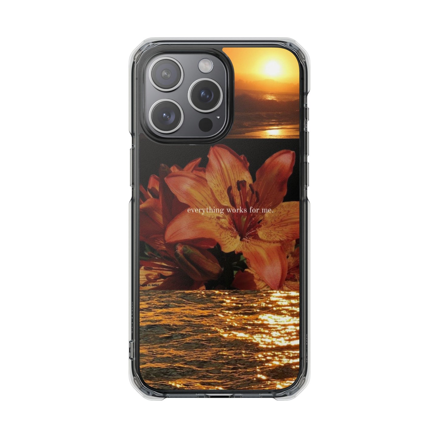 Clear Magnetic Phone Case — Sunset Lily Design ("anything waits for you")