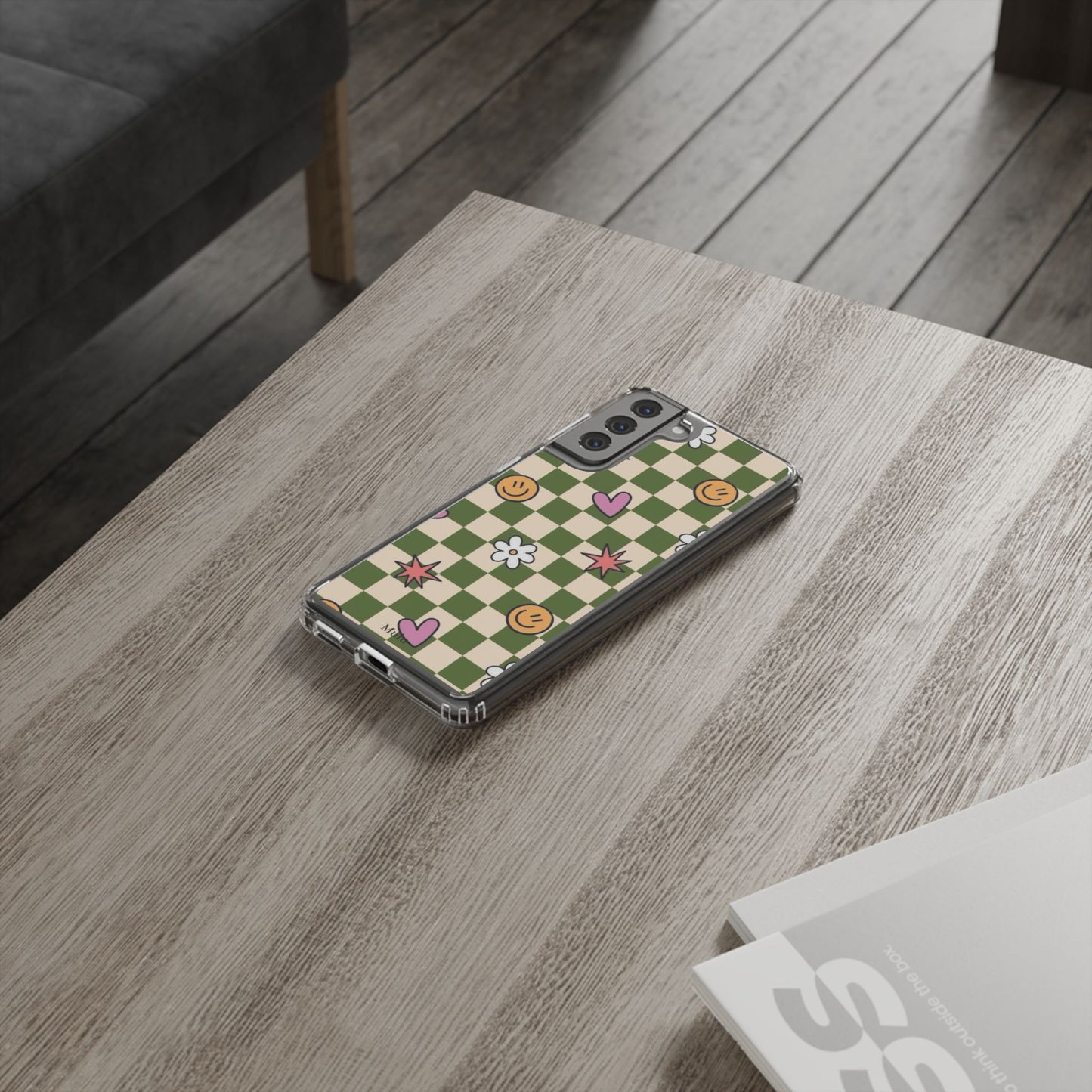 Clear Impact-Resistant Case — Retro Green Checkerboard with Smiley, Hearts & Flowers