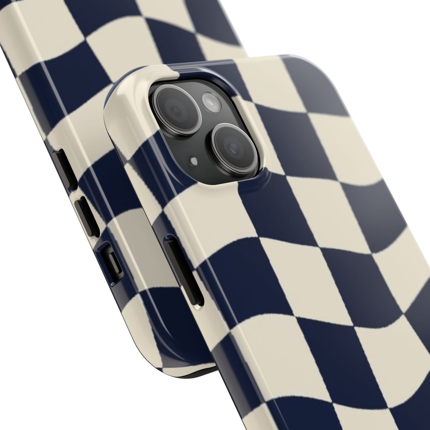 Wavy Checkerboard Tough Phone Case — Navy & Cream Protective Cover
