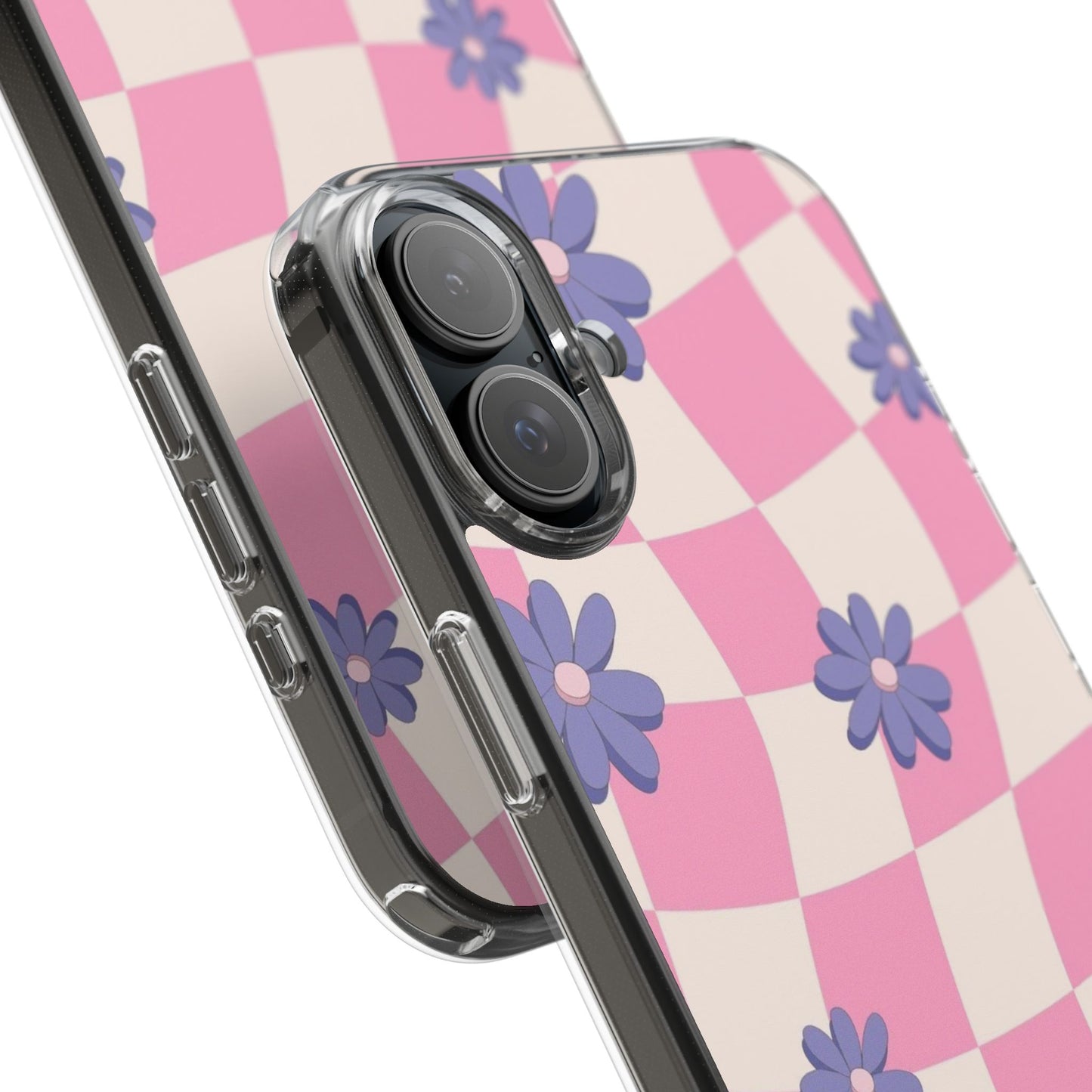 Clear Impact Phone Case — Pink Checkerboard with Purple Flowers