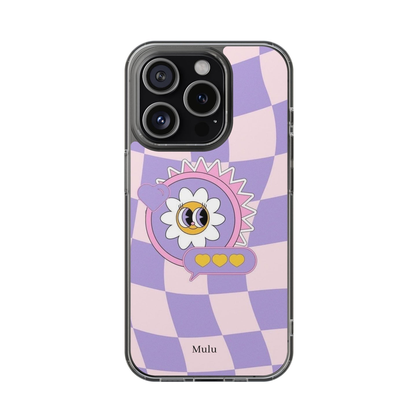 Clear Impact-Resistant Case — Cute Purple Checkerboard Dino with 'Mulu'