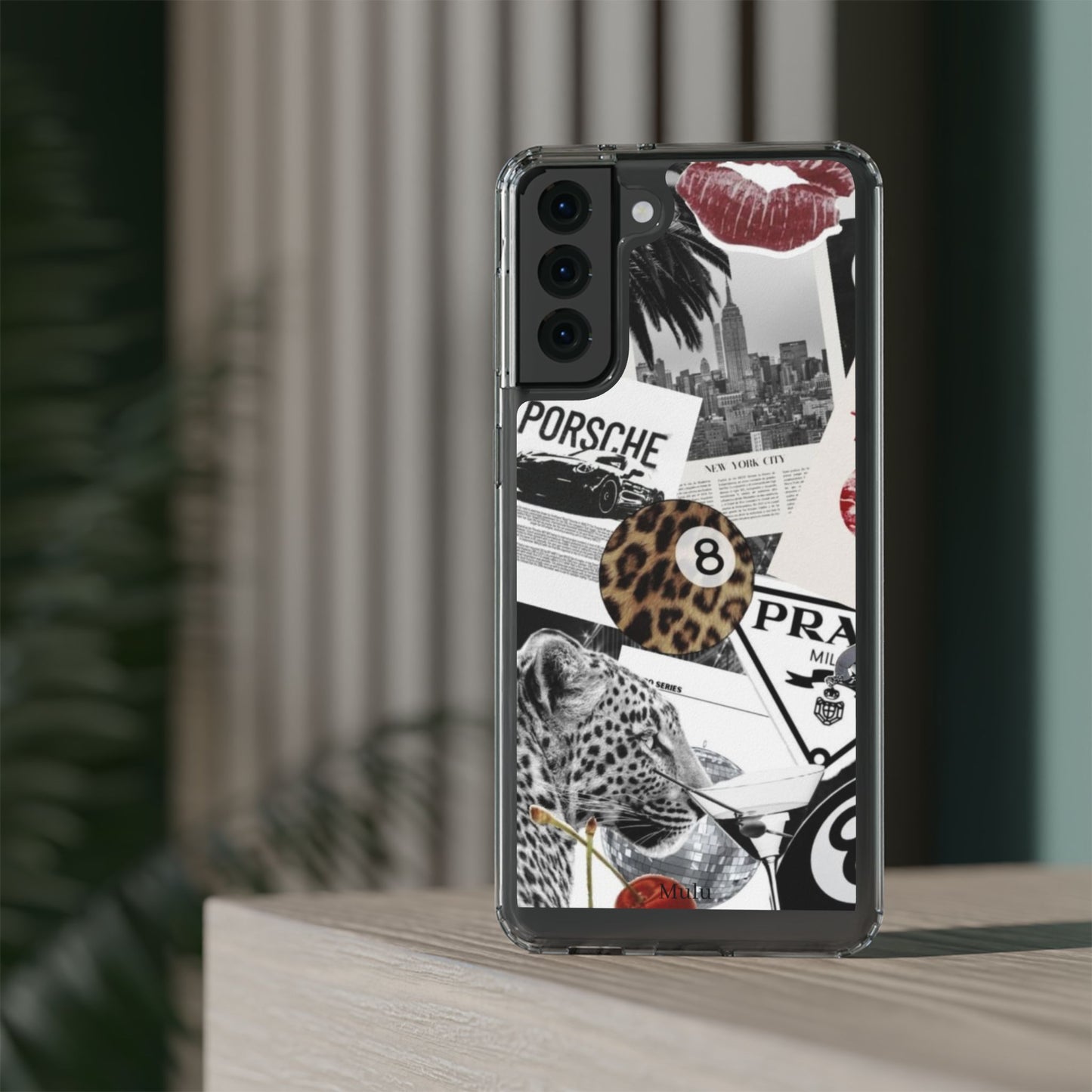 Clear Impact-Resistant Phone Case — Collage Luxury Leopard & Vintage Car Design