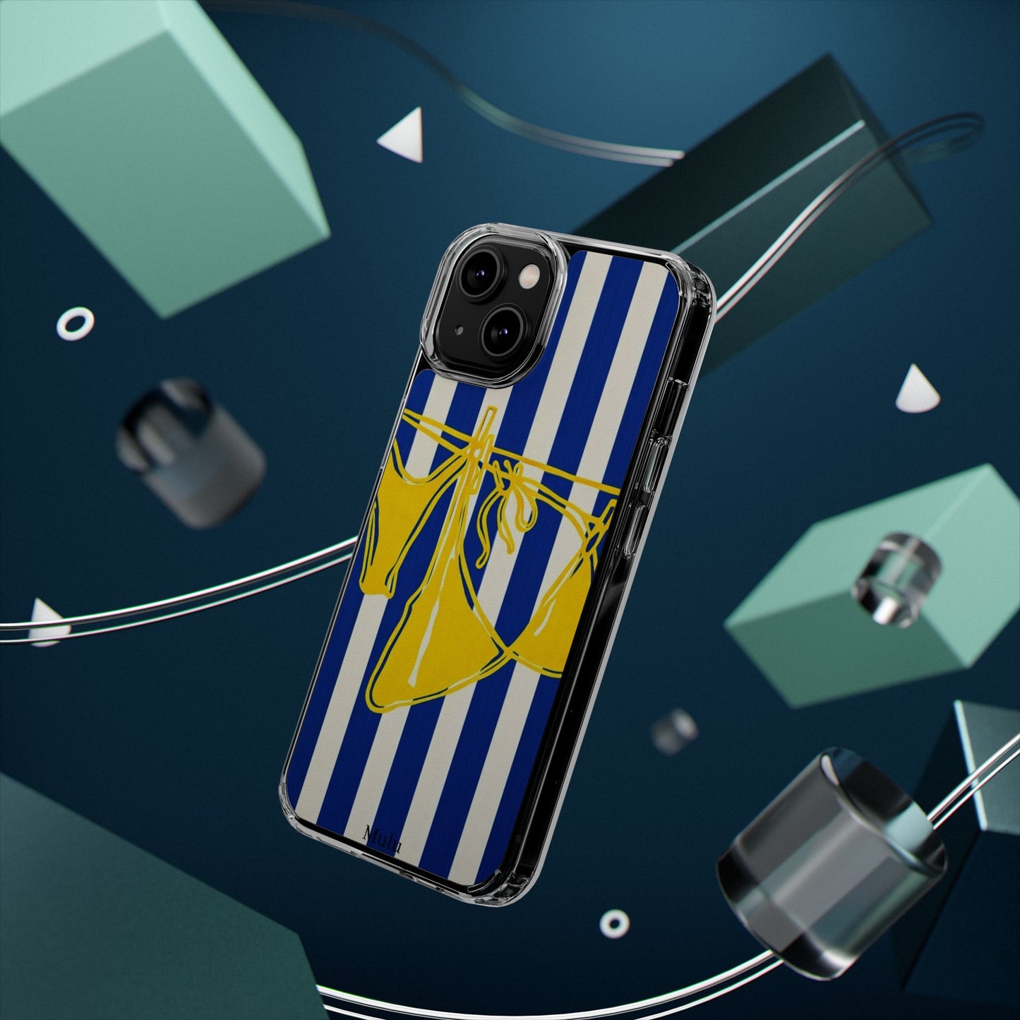 Striped Beach Bikini Phone Case — Yellow Swimwear on Blue & White Stripes, Clear Impact-Resistant