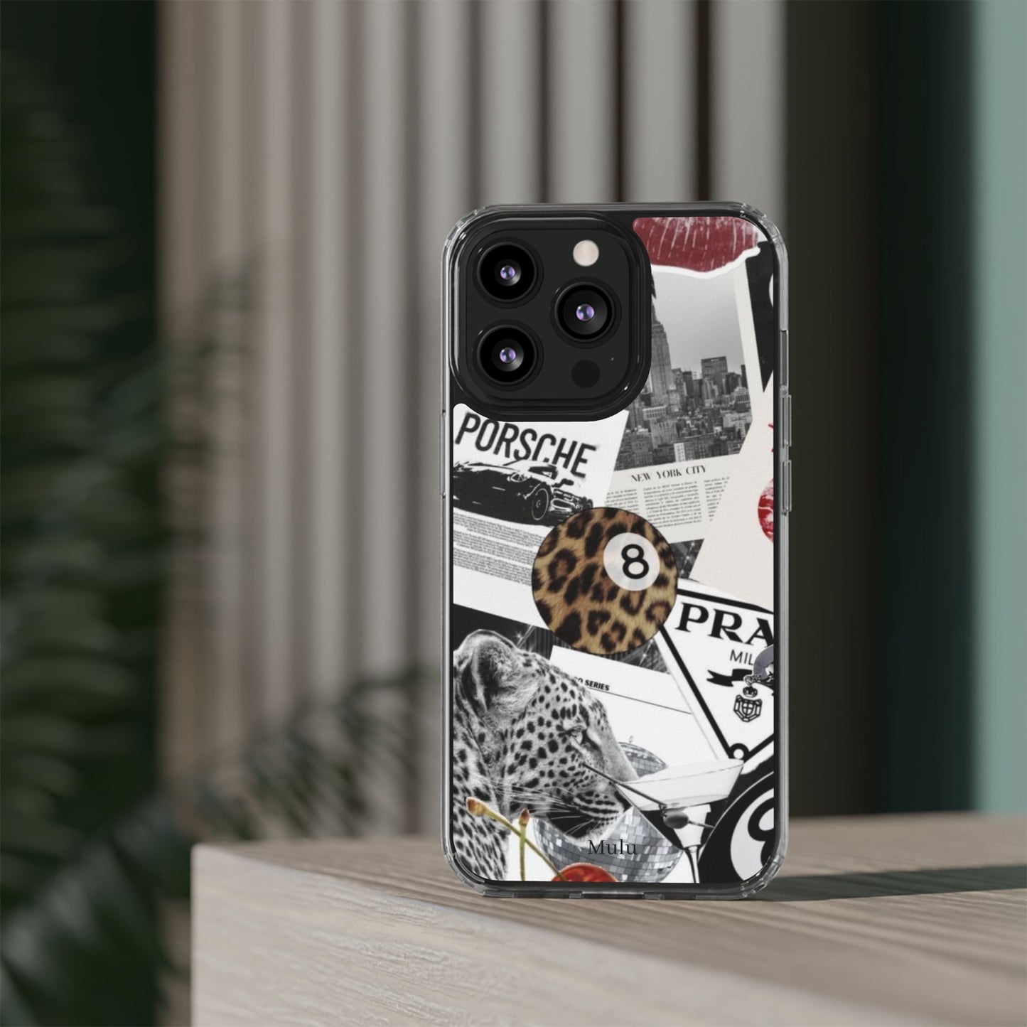Clear Impact-Resistant Phone Case — Collage Luxury Leopard & Vintage Car Design