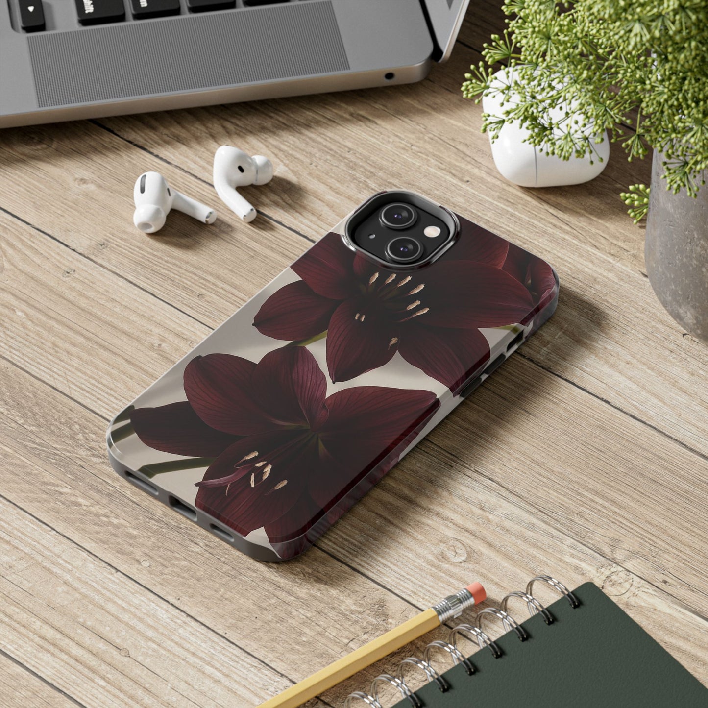 Amaryllis Noir Tough Phone Case — Dark Burgundy Floral Protective Cover