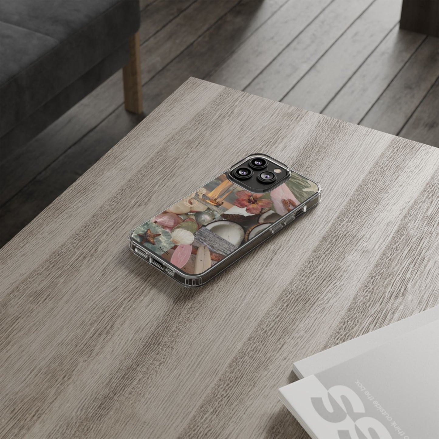 Clear Phone Case — Coastal Collage Shells & Surf Design