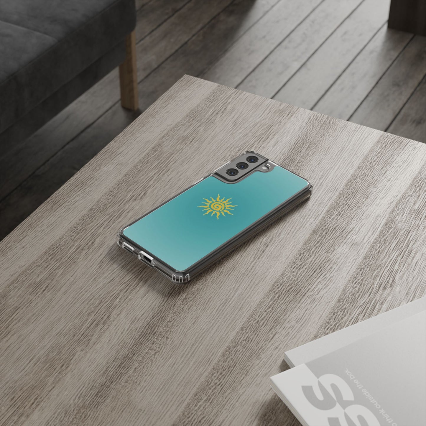 Clear Impact-Resistant Phone Case — Yellow Sun on Teal Gradient