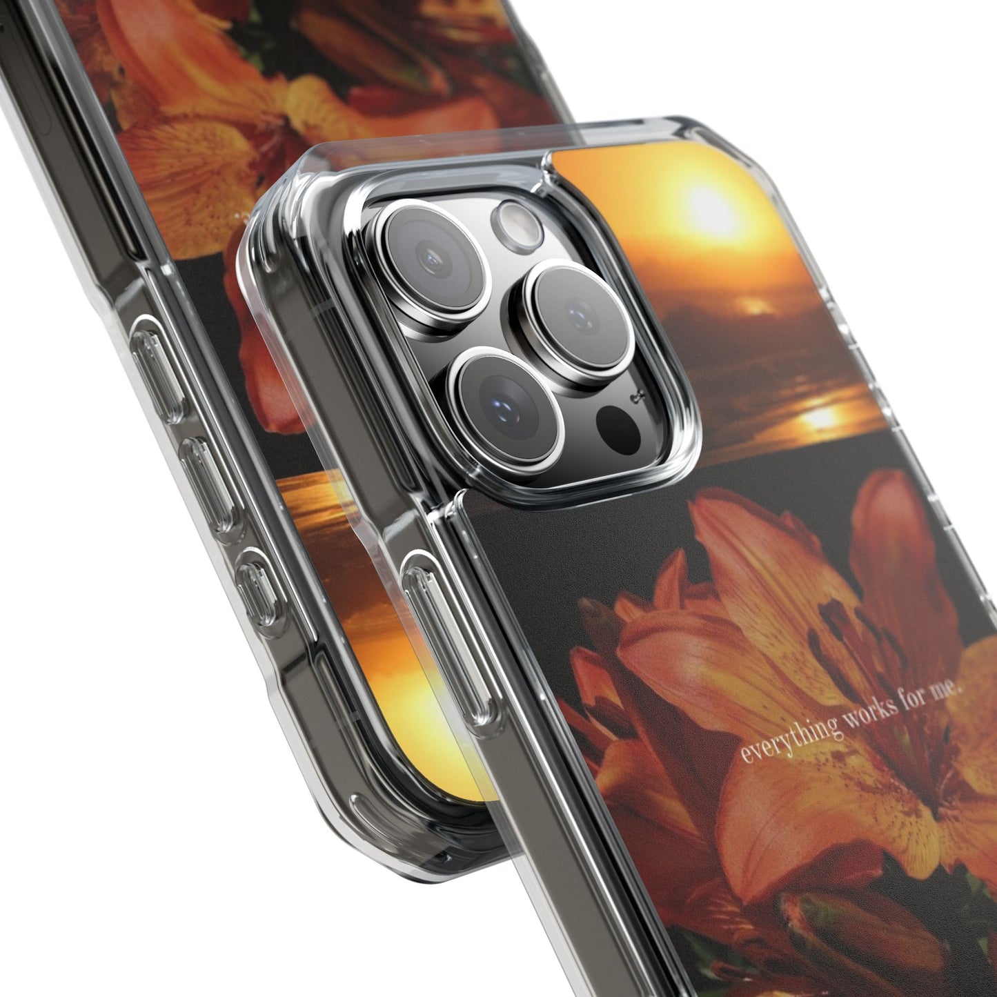 Clear Magnetic Phone Case — Sunset Lily Design ("anything waits for you")