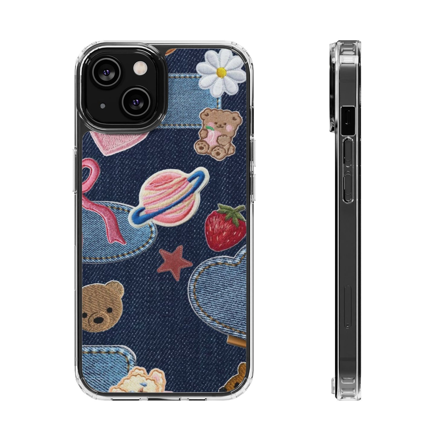 Clear Impact-Resistant Phone Case — Cute Denim Patch Collage (Teddy, Strawberry, Planet)