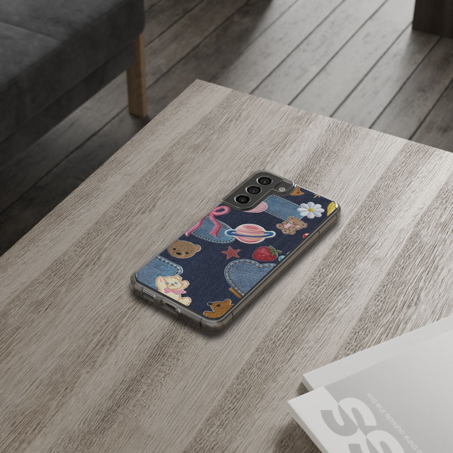 Clear Impact-Resistant Phone Case — Cute Denim Patch Collage (Teddy, Strawberry, Planet)