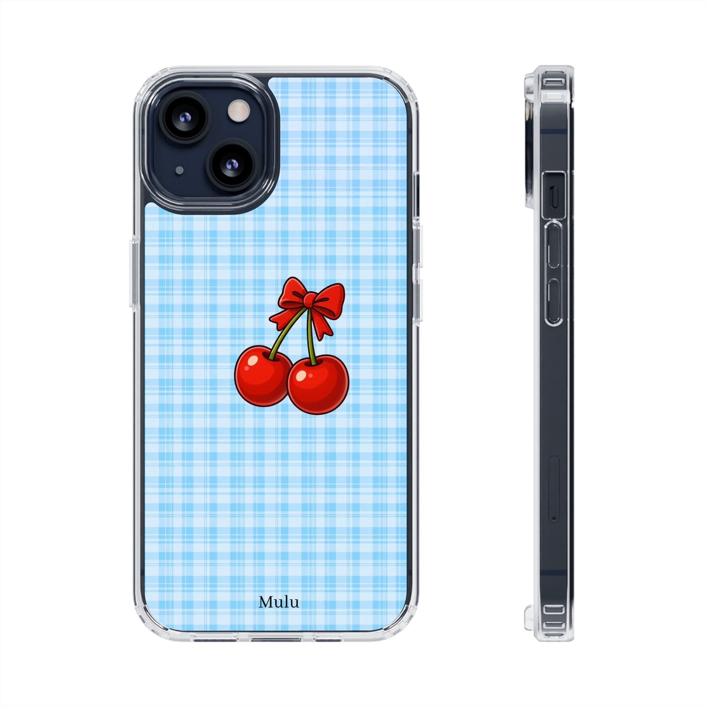 Clear Cherry Gingham Phone Case — Impact-Resistant Clear Case with Red Cherry Design