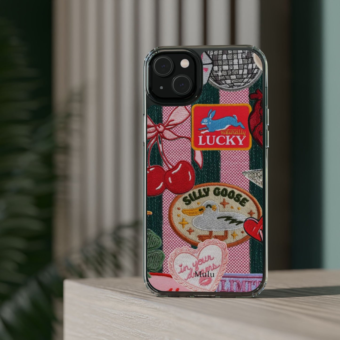Clear Impact-Resistant Phone Case — Retro Patchwork Stickers (Lucky, Cherries, Silly Goose)