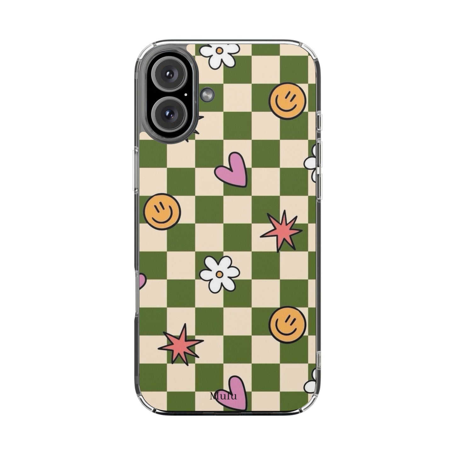 Clear Impact-Resistant Case — Retro Green Checkerboard with Smiley, Hearts & Flowers