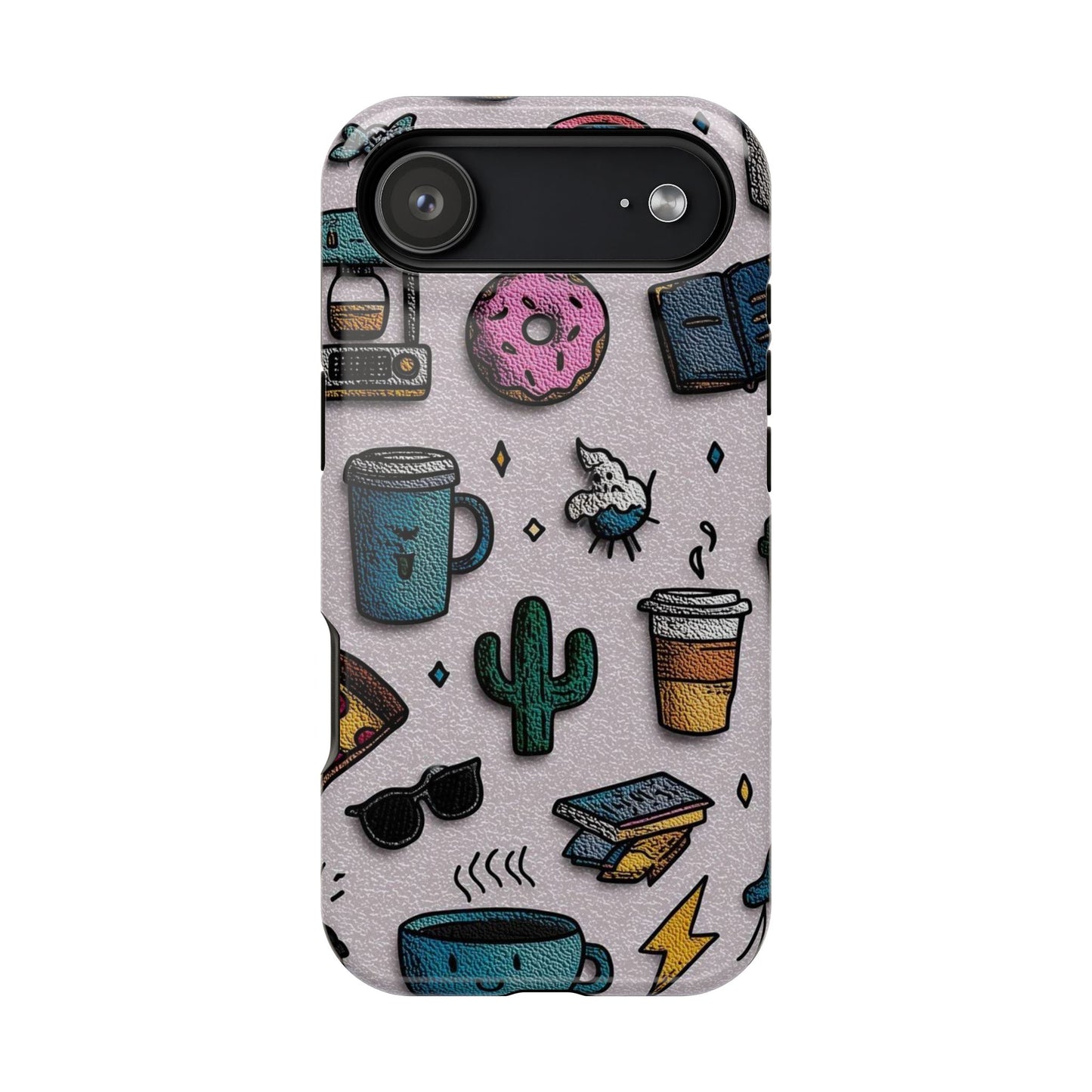 Cute Doodle Phone Case — Magnetic Impact-Resistant Design (coffee, rainbow, cactus)