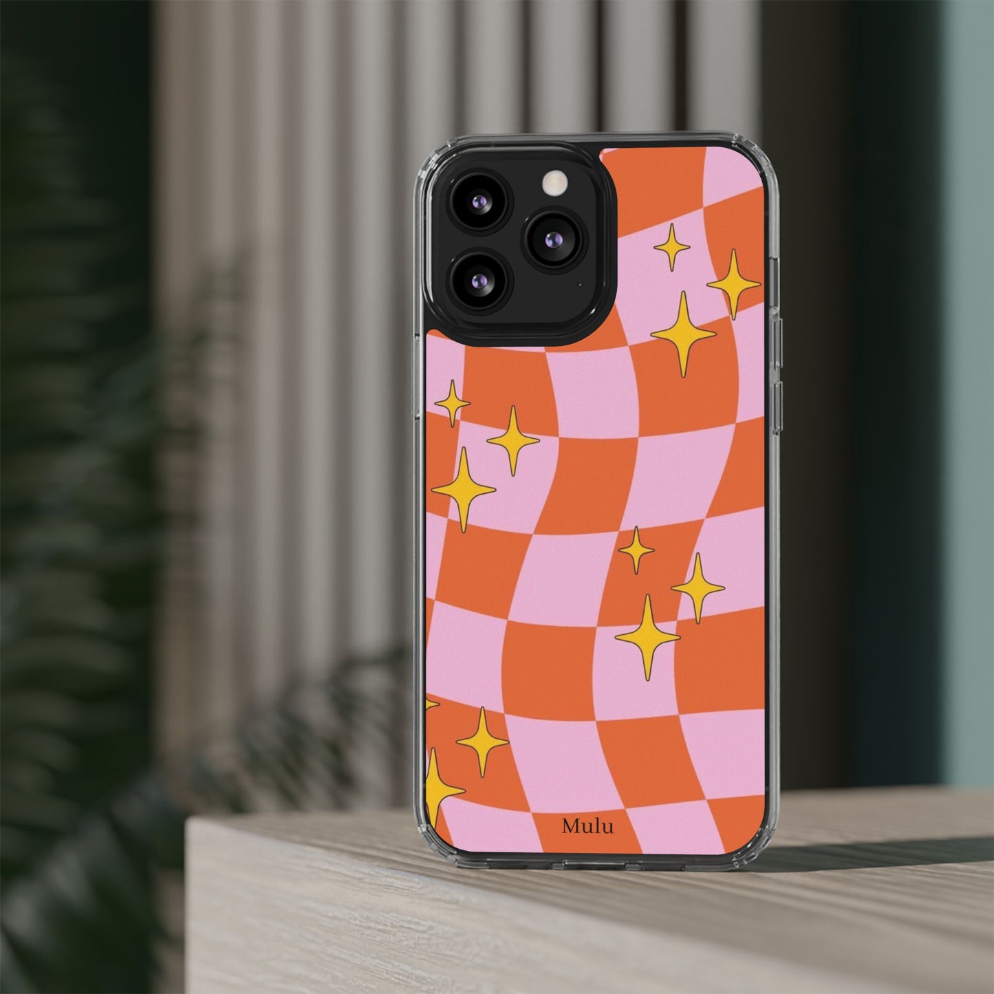 Clear Impact-Resistant Case — Retro Pink & Orange Checker with Sparkle Stars