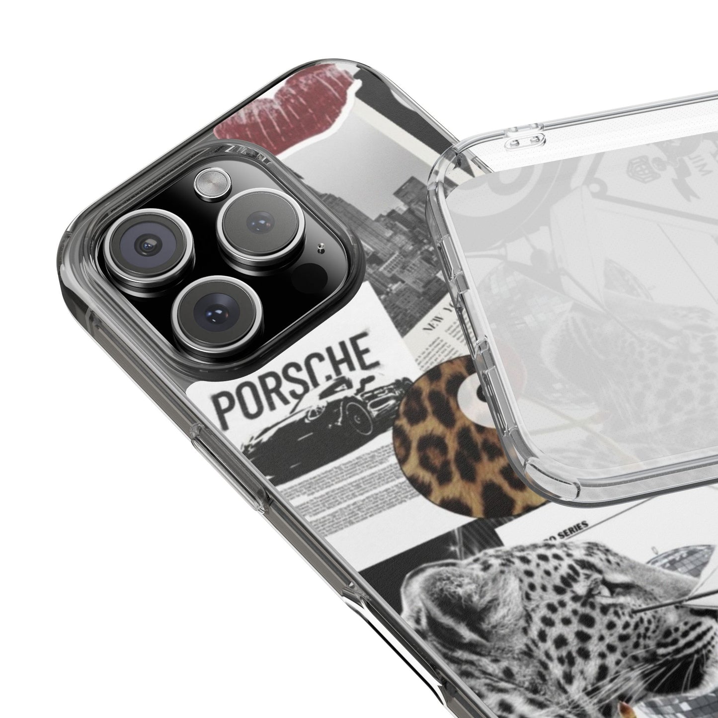 Clear Impact-Resistant Phone Case — Collage Luxury Leopard & Vintage Car Design